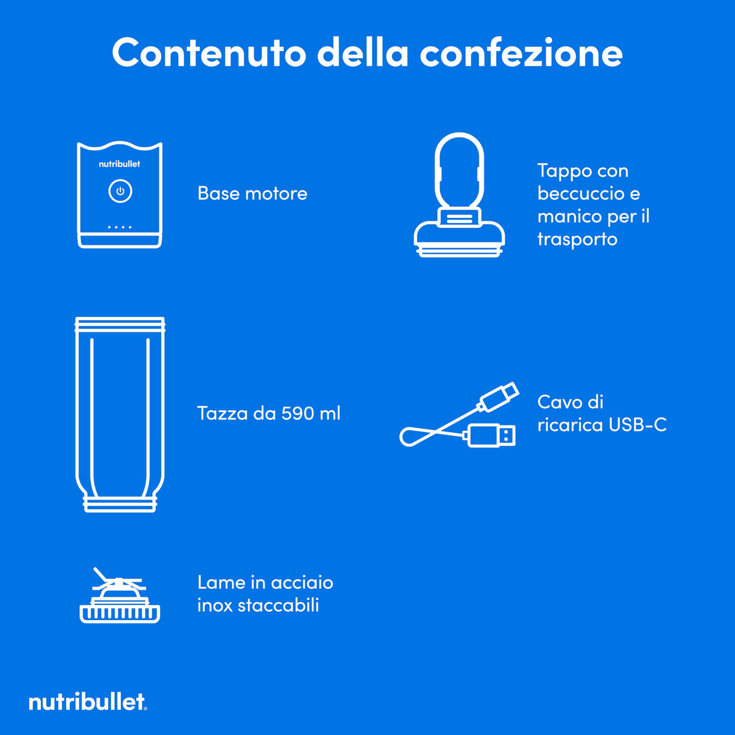 nutribullet Flex 590ml Mini Frullatore Portatile senza fili, Ricaricabile, con Manico e Tappo a Beccuccio, Tritatutto, per Smoothies e Frullati, Trita Ghiaccio e Frutta Congelata, Viola (NBP013VT)