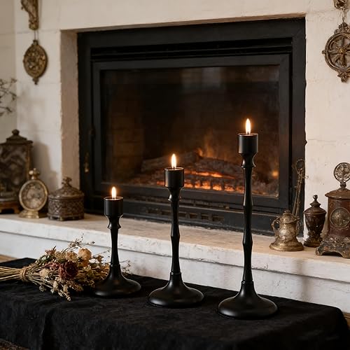 Miniatura 3 de Juego de 3 portavelas cónico con textura de bambú negro mate, portavelas modernos de granja para bodas, Navidad, decoración de centro de mesa de