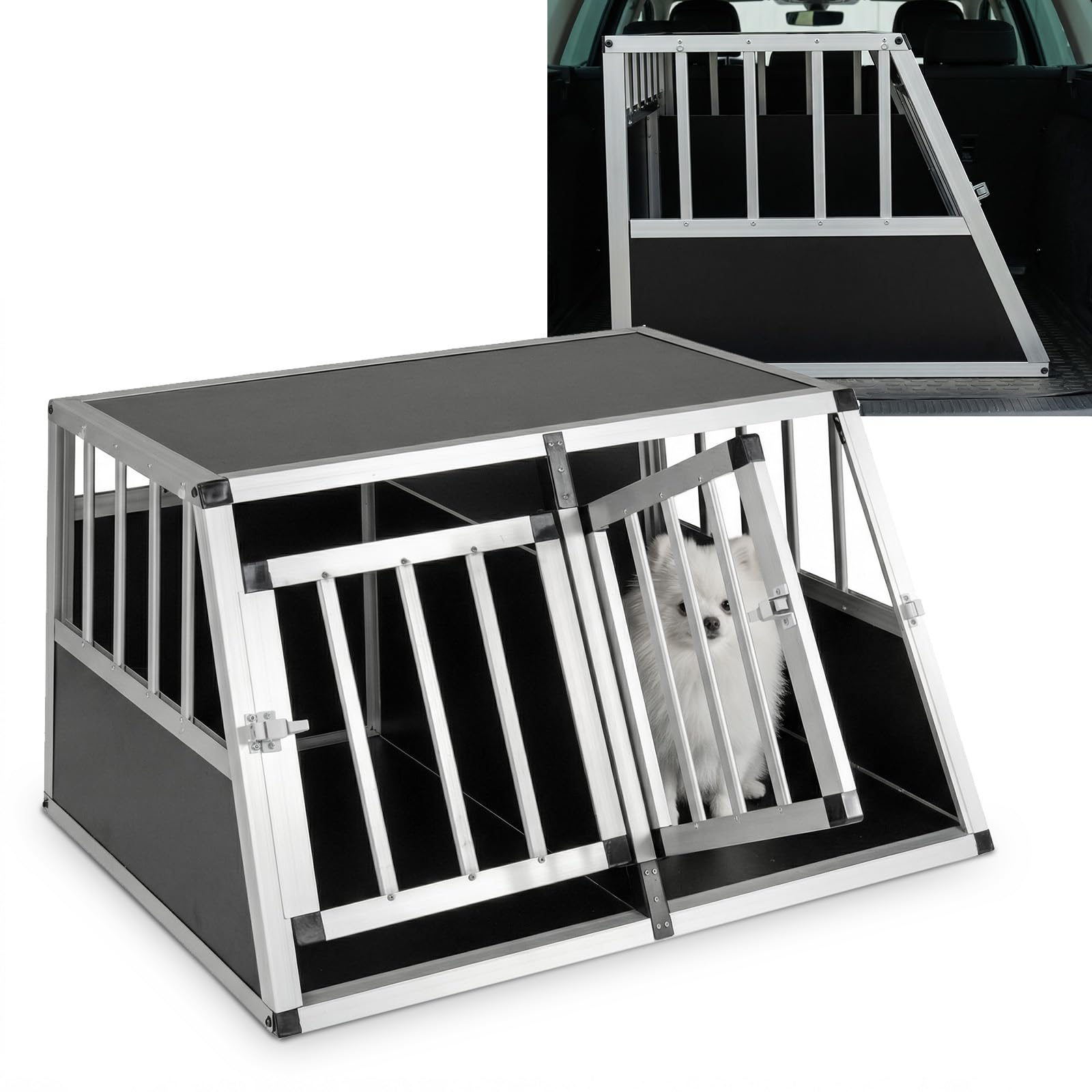 COSTWAY Caisse de Transport pour Chien en Aluminium, Séparateur Amovible, Portes Verrouillable, Cage pour Chien Chat, Design Trapézoïdal, Coins de Protection pour Chiot Chat Lapin, 89 x 69 x 50,5 cm