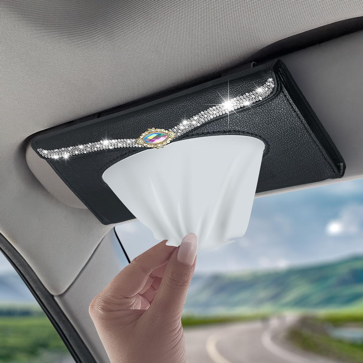 Bling Car Tissue Holder Rhinestones Visor for Auto Black Interior Accessories for Women