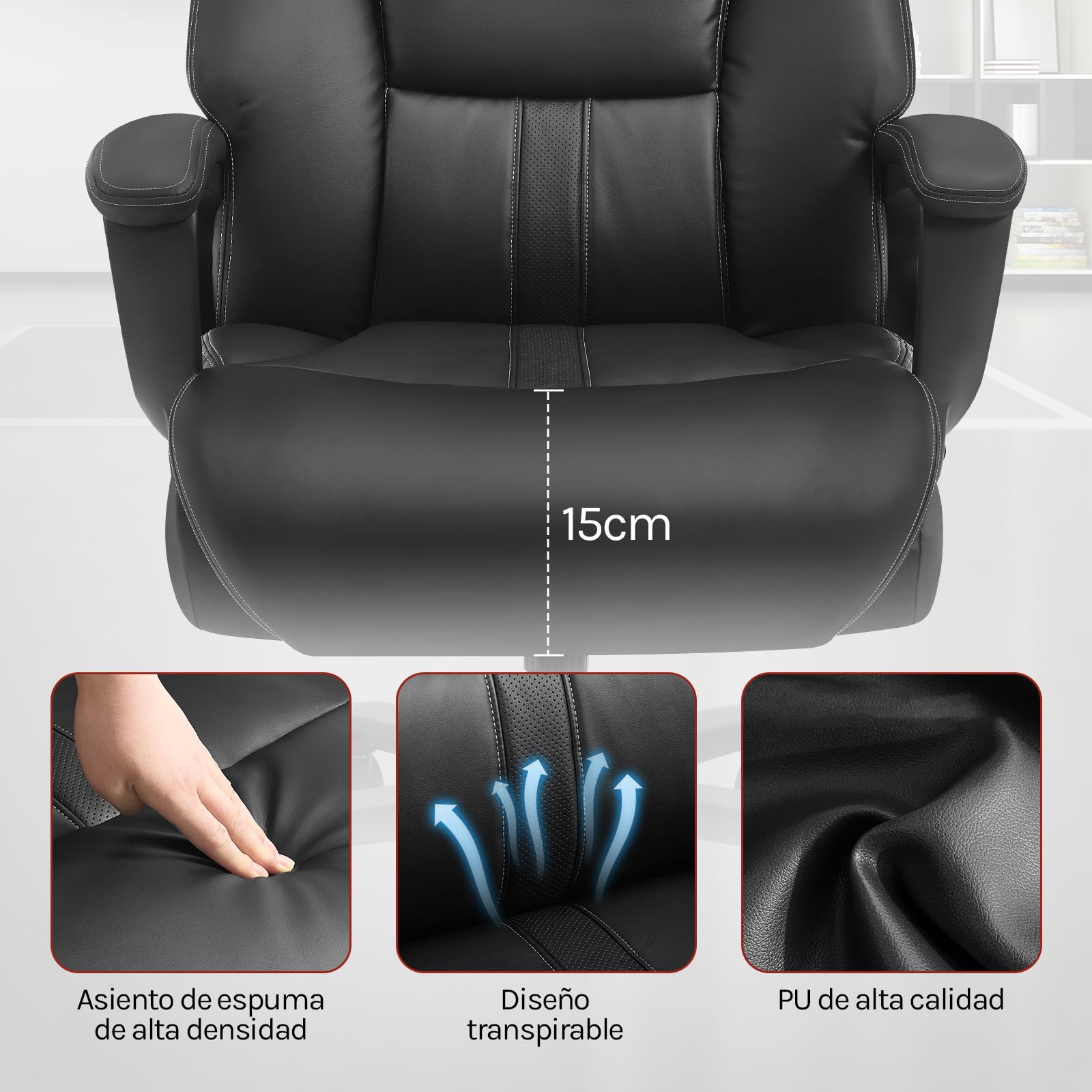 WOLTU Sillón Ejecutivo, Silla Ergonomica Escritorio, PU, Negro | Silla de oficina regulable en altura con mecanismo de balanceo, capacidad de 150 kg