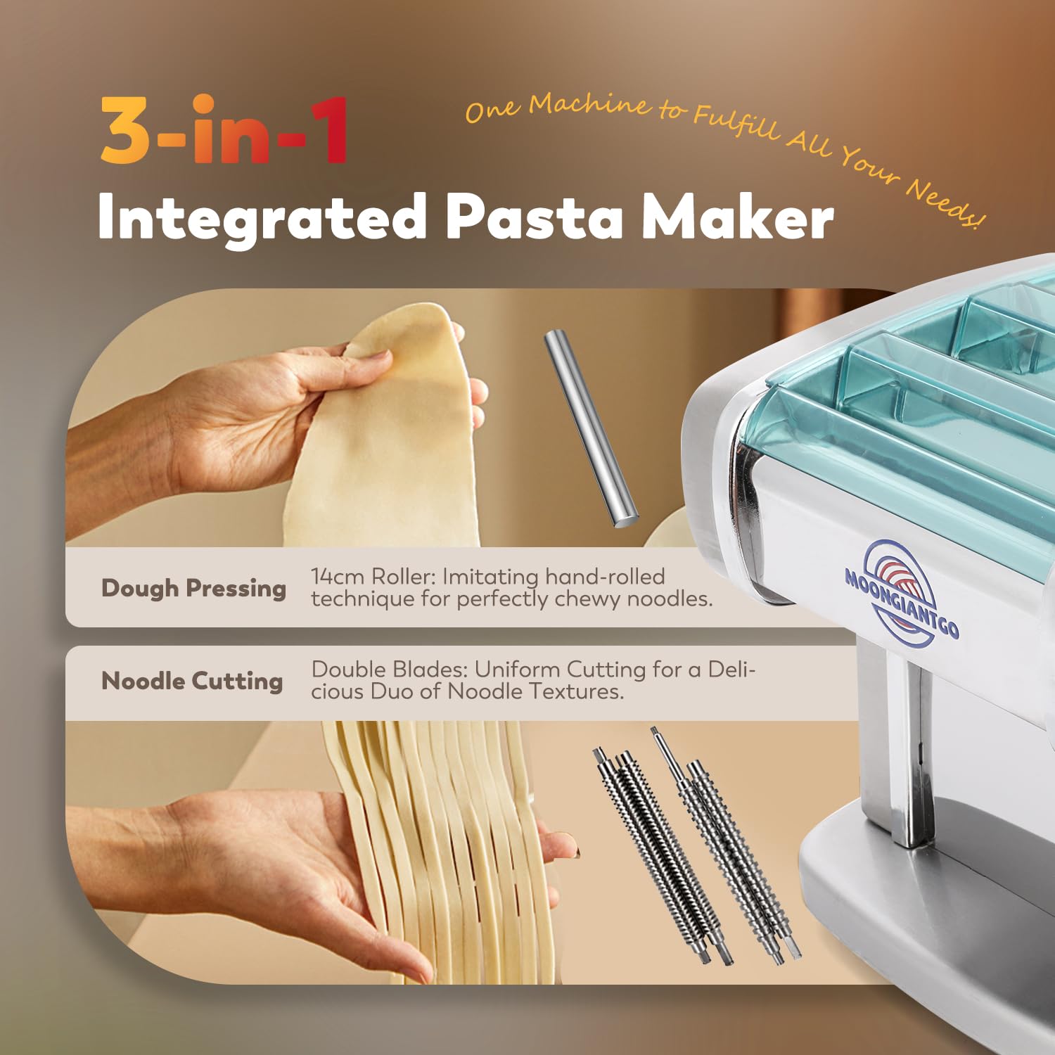Moongiantgo Macchina per la Pasta Elettrica Acciaio Inossidabile, Con 2.5mm Tondo & 4mm Piatto Taglierina, Regolazione dello Spessore a 9 Marce 0,5-5mm, Per Fettuccine, Tagliolini, Ravioli