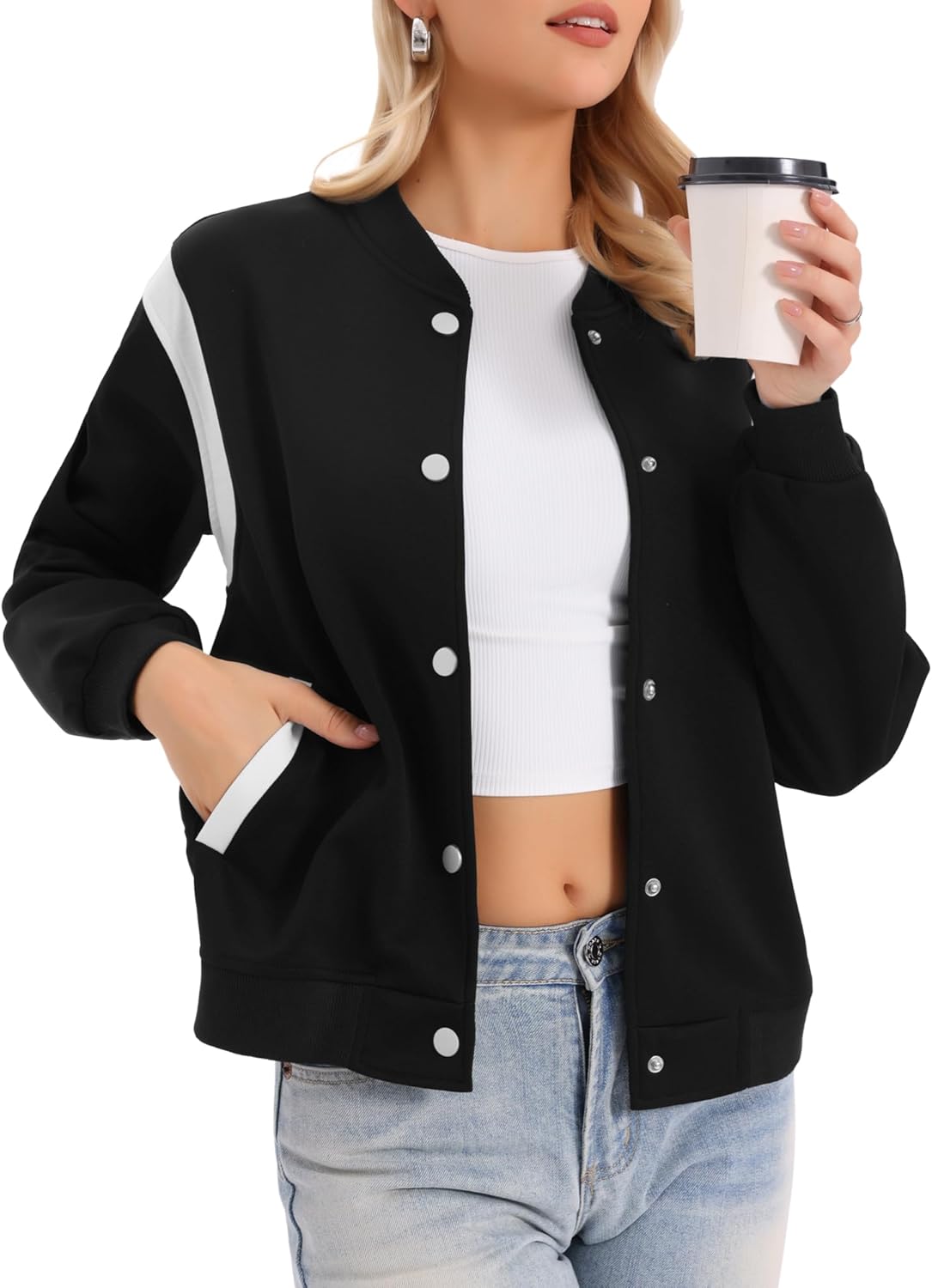 Allegra K Bomber Jacket Women Casual Button Down Baseball Varsity Jacket School Outfits Fall Coats Fashion Clothes 2025