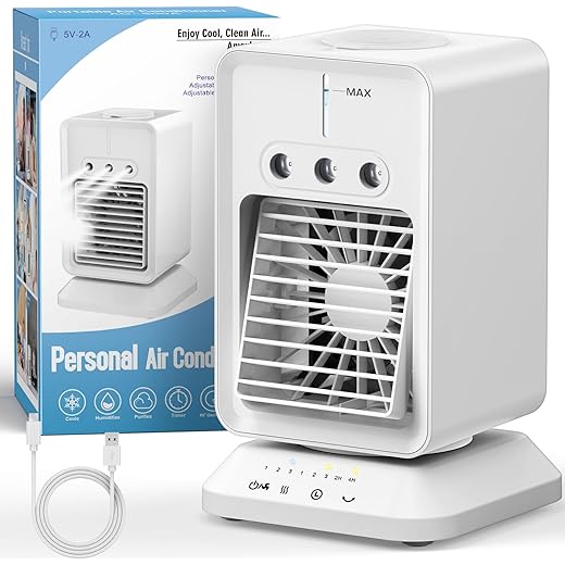HIFRESH Mini Cooler for Room w/Auto Rotate, 3 Spray Modes, Cold Air, Mini Fan w/Top Ice Chamber, 1/2/3/4H Timer, USB Compatible Air Cooler for Room Cooling, 3 Speeds Small AC, Low Power Consumption