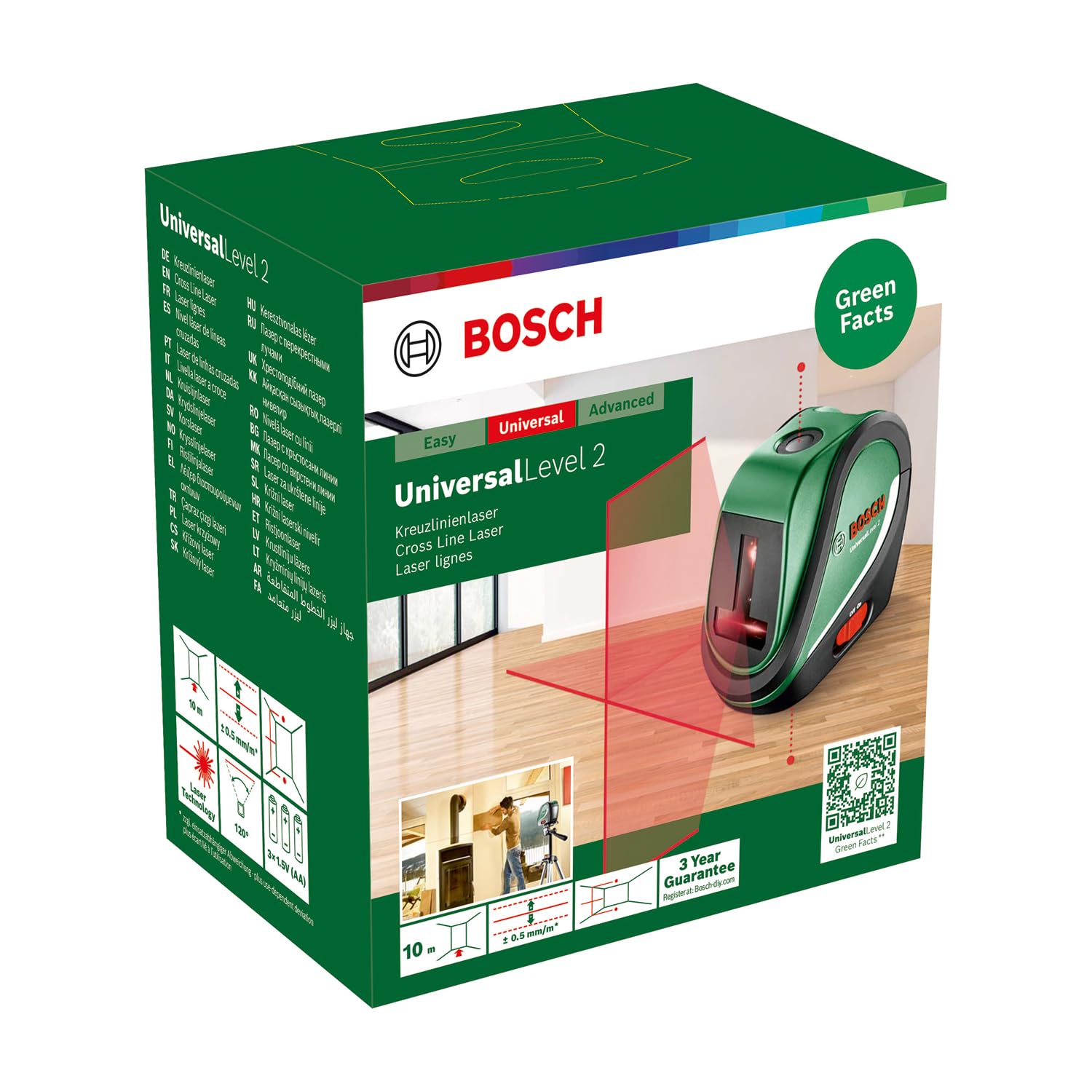 Bosch livella laser multifunzione UniversalLevel 2 (linee laser a croce incl. punti a piombo integrati per un allineamento preciso e un facile trasferimento dell'applicazione, in cartone)