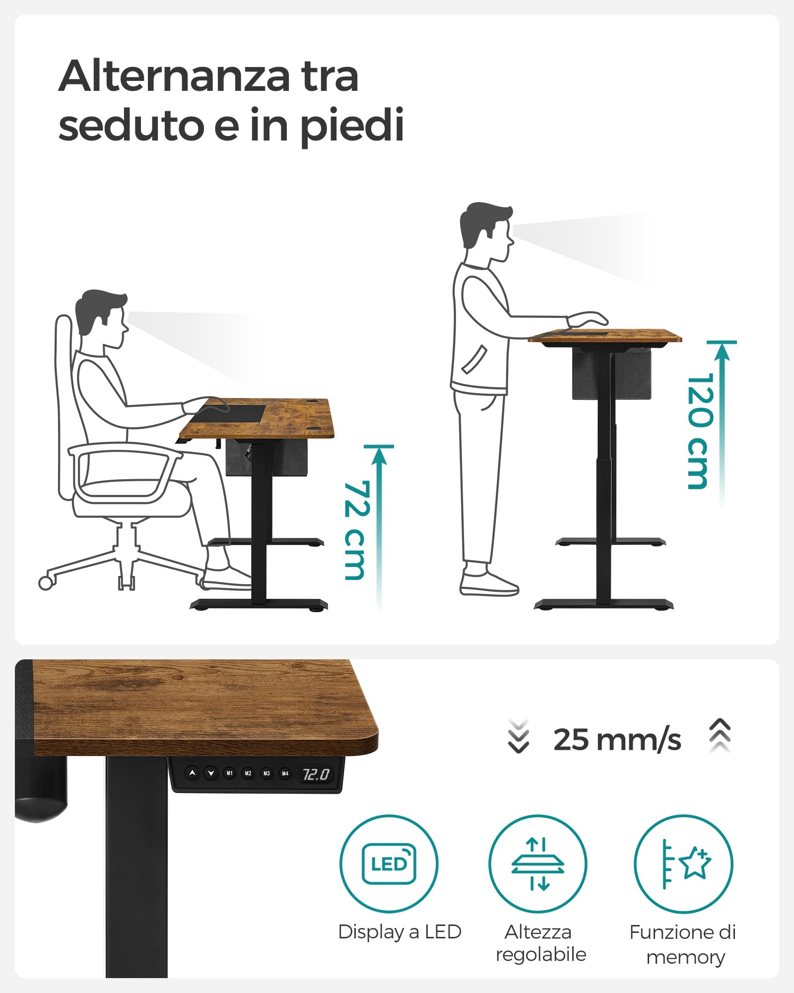SONGMICS Scrivania Regolabile in Altezza Elettrica, 120 x 60 cm, Scrivania Elettrica, Tavolo con Memoria per 4 Altezze, per Ufficio, Marrone Vintage e Nero Opaco LSD015X01