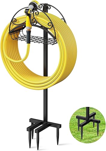 Soporte para manguera de jardín independiente, soportes para manguera de agua con cesta de almacenamiento, soporte de manguera de jardín desmontable
