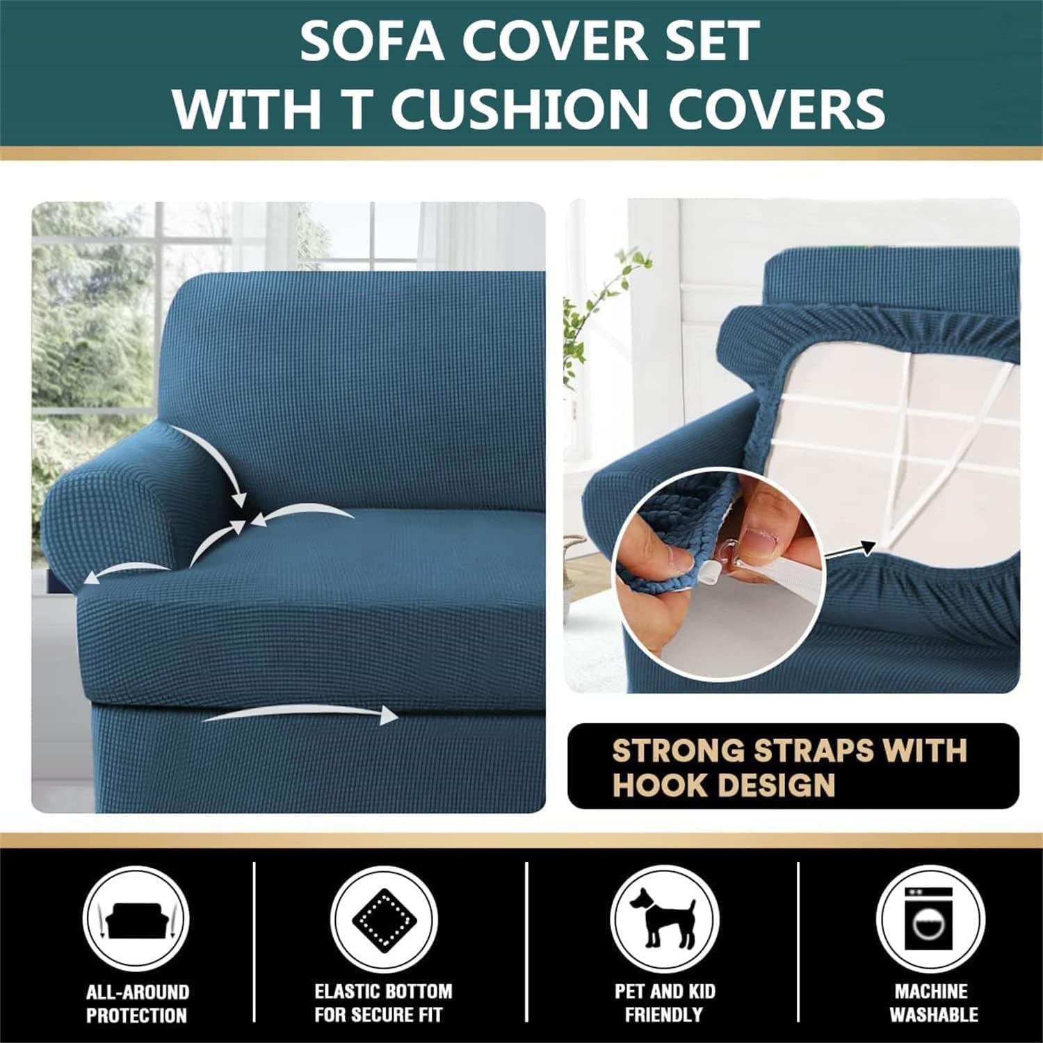 FXBZA 3 Piece Set Sofa Slipcover Stretch Loveseat Couch Slipcover with 2 Individual T Cushion Seat Slipcovers Sofa Covers Jacquard Knitted 2 Seater 120-172CM (Color : Blue)