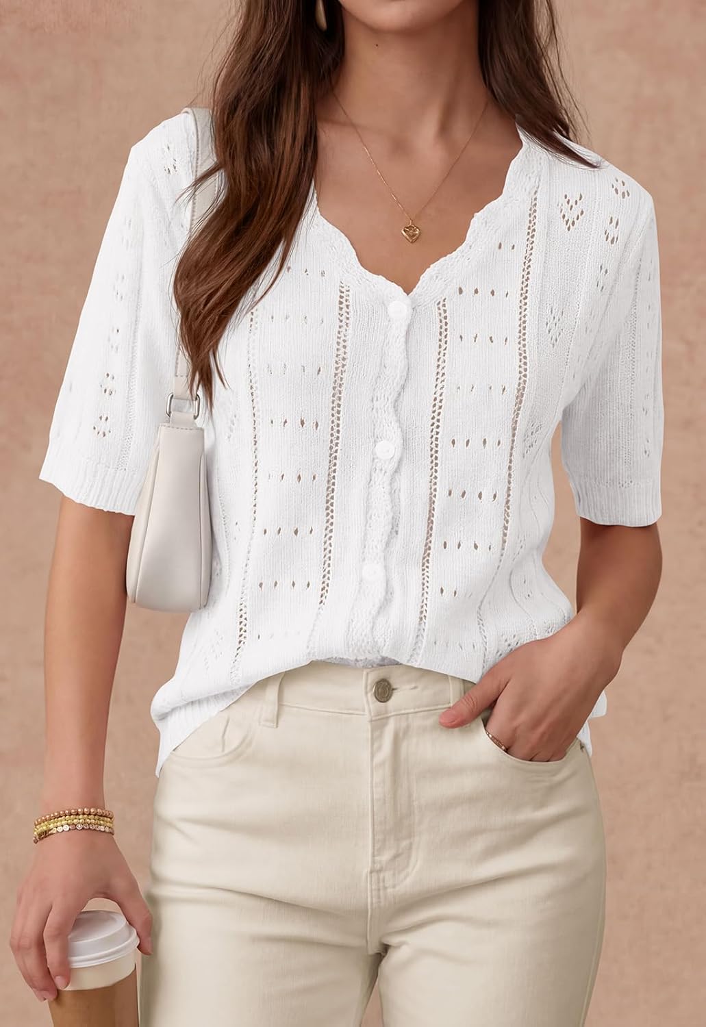 PRETTYGARDEN Womens Short Sleeve Crochet Knit Sweater Spring Fashion 2026 Button Down Lightweight Cardigans Summer Tops - Image 2