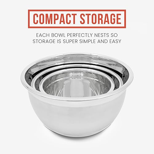 Miniatura 5 de Chef Pomodoro Juego de cuencos para mezclar de acero inoxidable, cuencos de metal con tapas, base de silicona antideslizante, cuencos anidables, 3
