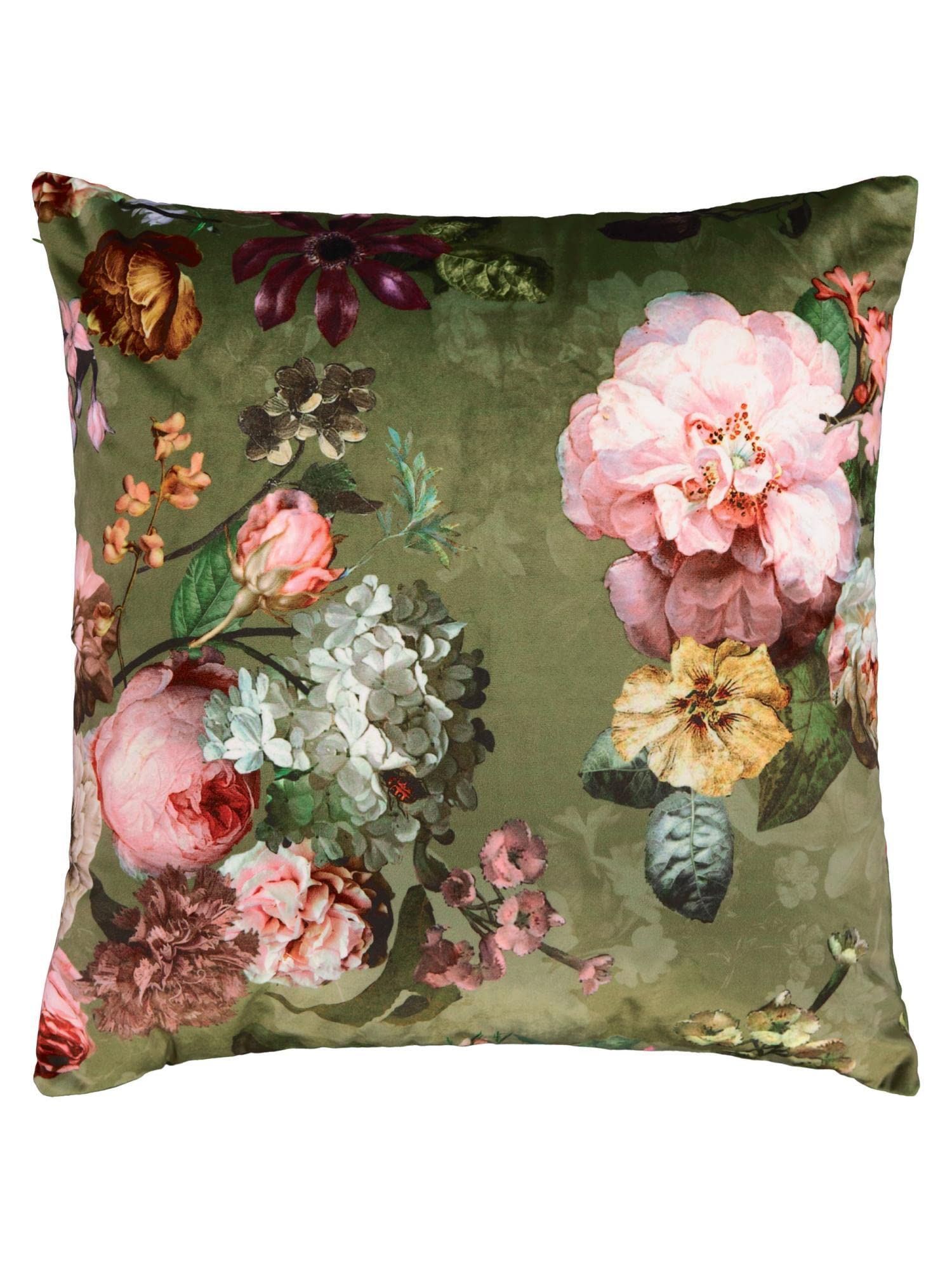 ESSENZA Dekokissen Fleur Moss, 50x50 cm - 100% Polyester Samt - Blumen Pfingstrosen Tulpen