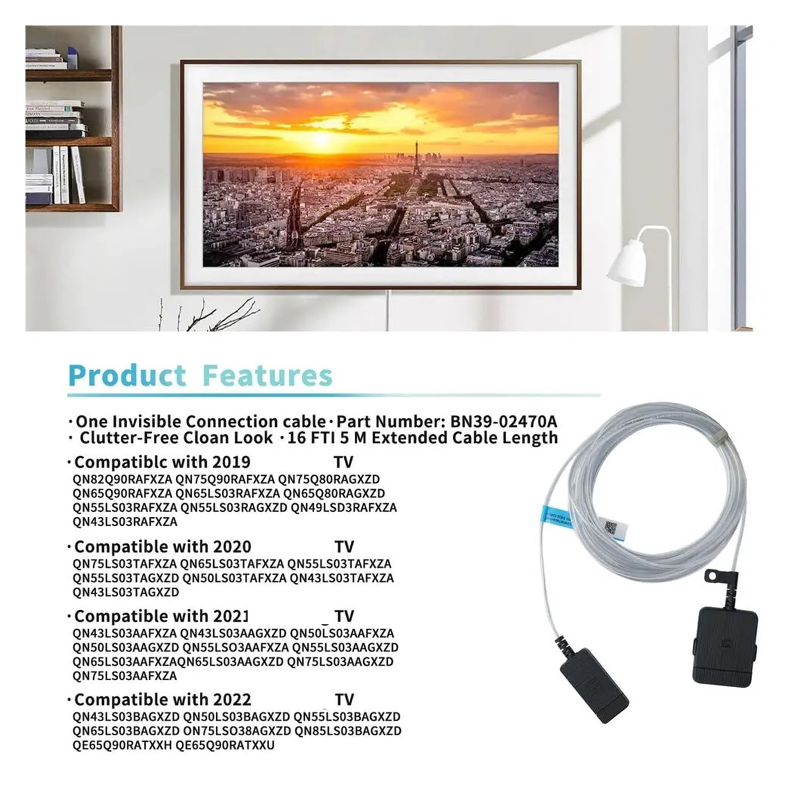 BN39-02470A Cavo di collegamento invisibile, compatibile con cavi di collegamento TV Samsung, serie QLED RU da 5 m
