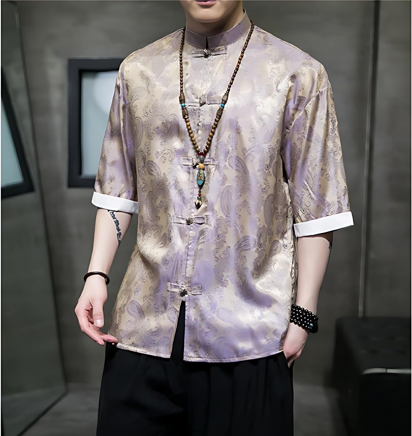 Men's Kung Fu Shirt,Traditional Chinese Hanfu Tang Suit Coat with Silk Printing,Half Sleeve Top for Casual Summer Outfits Light Purple