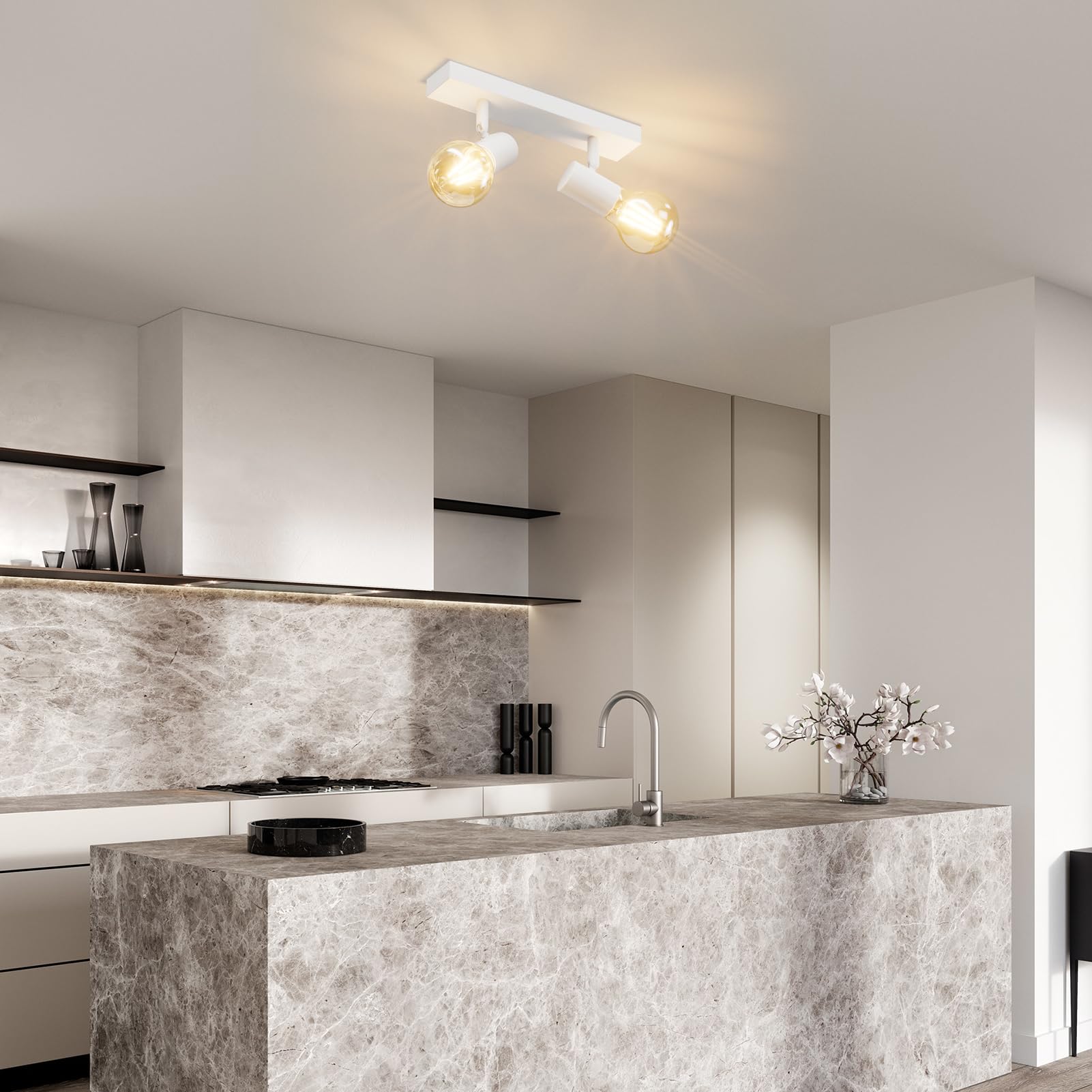 Klighten Faretti da Soffitto Orientabili Bianco con 2 Attacco E27, Vintage Industriale Plafoniera 2 Luci Interno, lampada Soffitto per Cucina, Soggiorno, Camera da Letto, 26cm, Lampadina non Inclusa