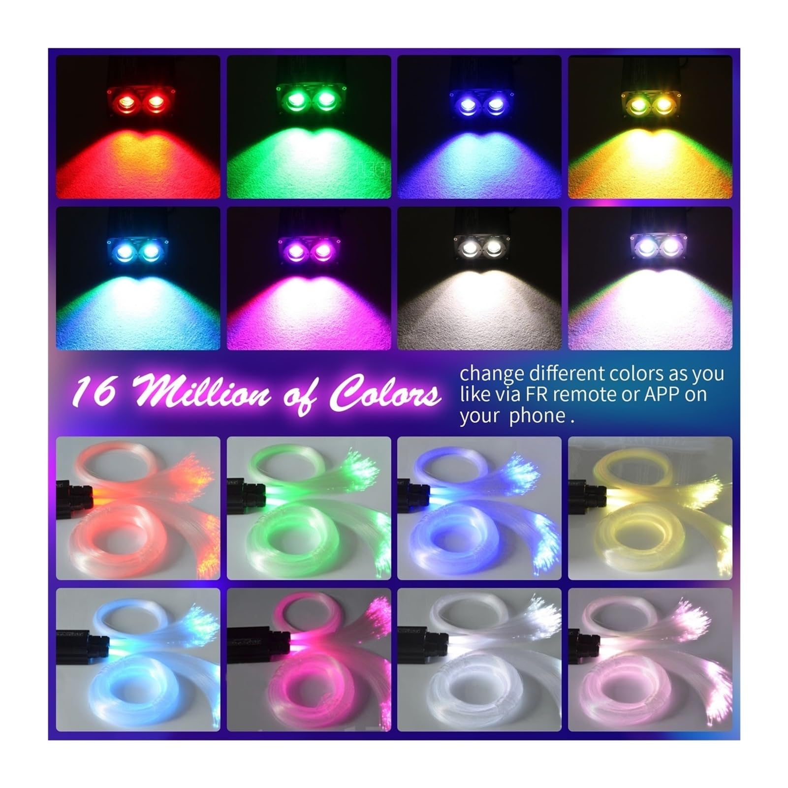 Podwójne głowice Bluetooth 3 Dioda LED 2W RGB. Zestawy światłowodowe gwiaździste sufitowe zestawy dotykowe Rf. Pilot do sufitu pokoju z gwiazdą samochodów,Bezpieczny W UżYciu(2rolls 0.75mm 300 4M)
