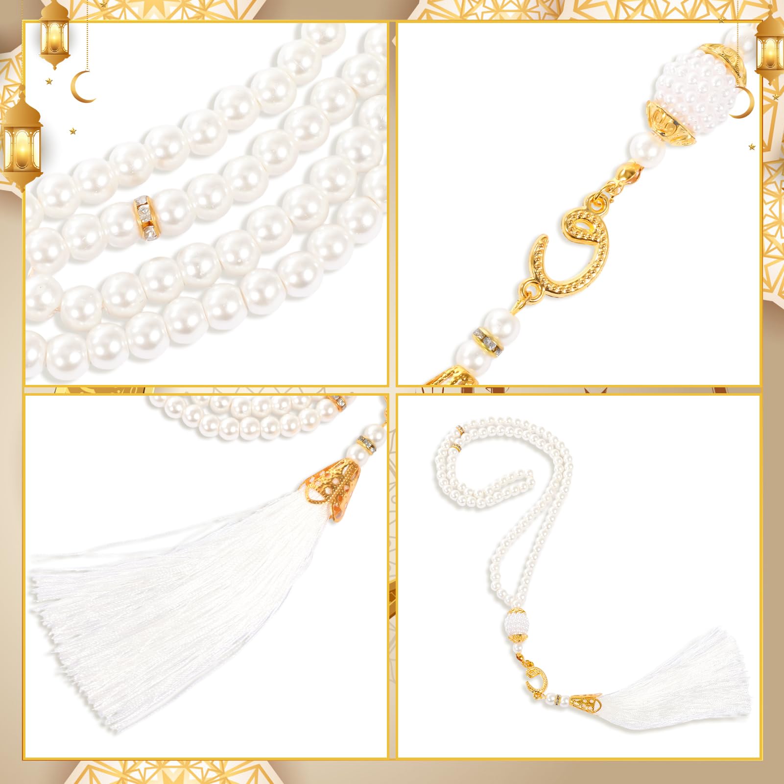 HOWAF Eid Gifts Set with Mosque Shape Card & Prayer Beads, Ramadan Mubarak Greeting Card with Envelope and Ramadan & Eid Pearl Zikirmatic Beads with Box, Islamic Present for Women, Muslim Celebration Gift Set