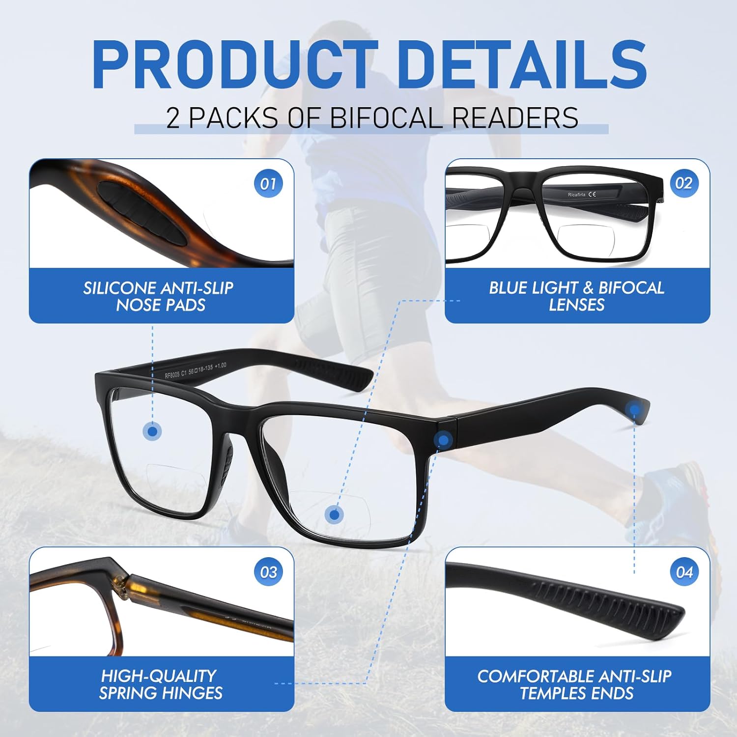 Ricafirla Bifocal Reading Glasses Men Sports Sunglasses Anti Slip Blue Light Unbreakable Designer TR90 Frame Driving Readers - Image 4