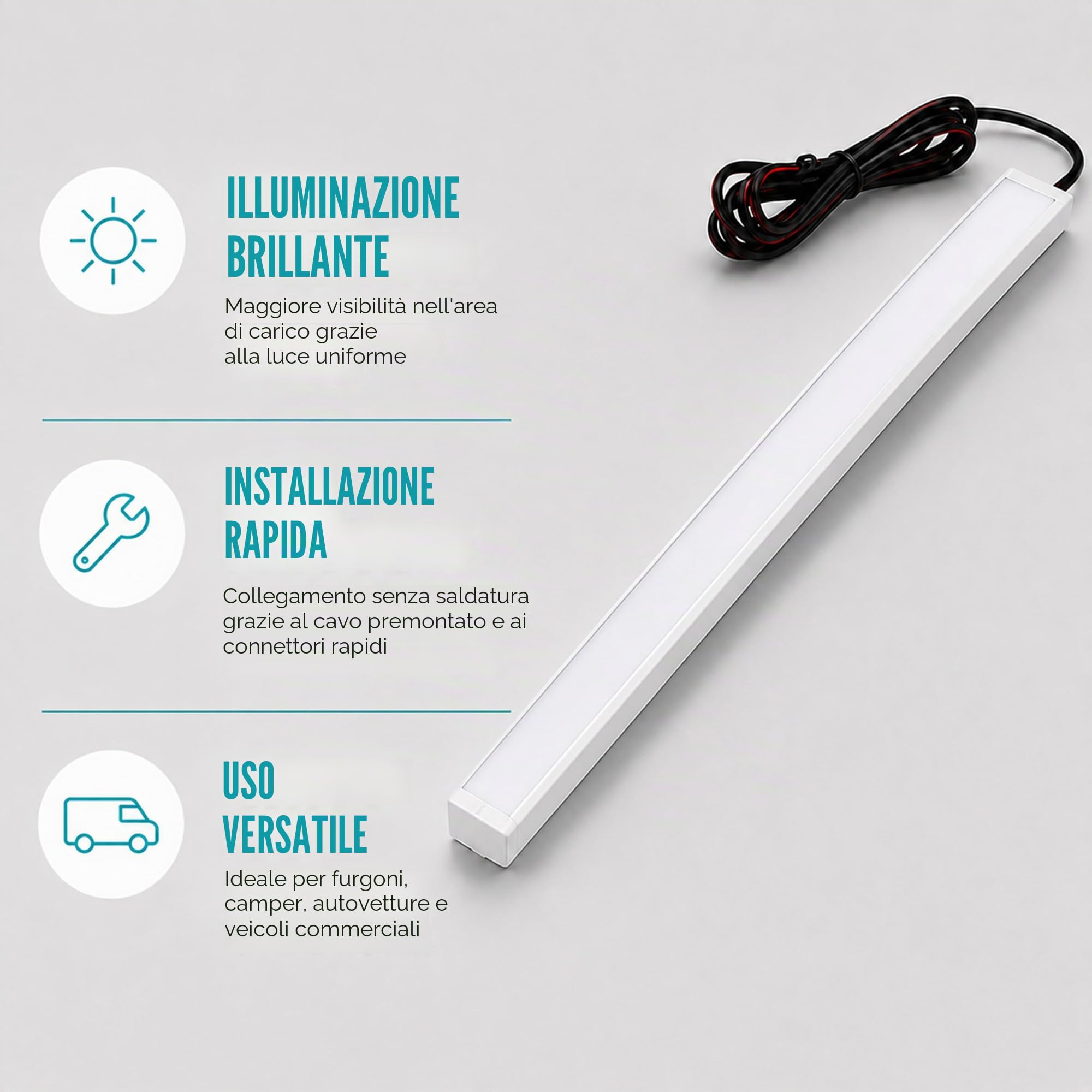Illuminazione LED per vano di carico, illuminazione interna, baule, 100 cm, luce bianca opaca, per auto, camper, furgone, bus, caravan, boat, cucina, camera