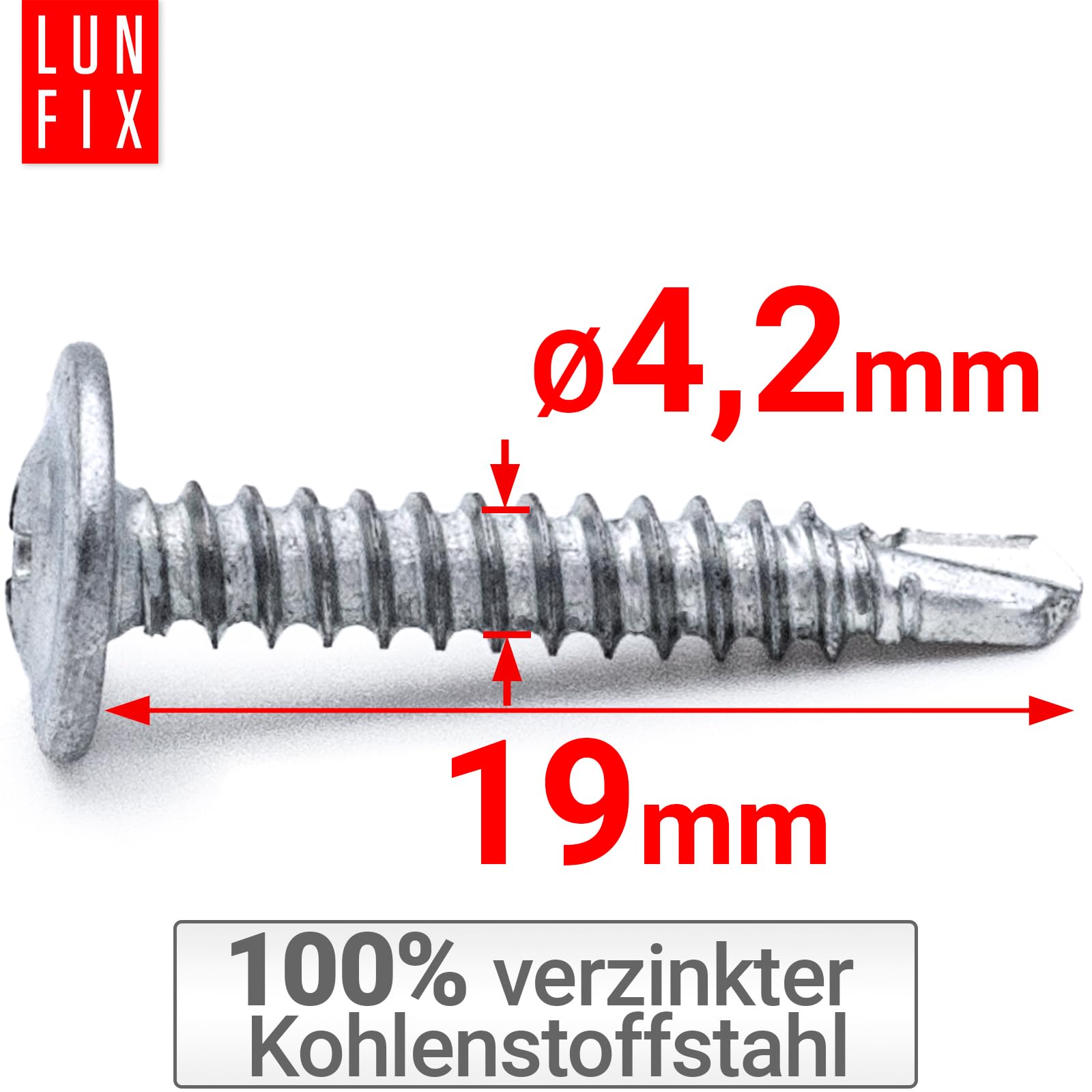 Viti autofilettanti per metallo 4,2x19mm, 1000 pezzi, viti autoperforanti zincate, testa bombata a croce PH, autofilettanti per lamiera in acciaio zincato per fissaggi rapidi e precisi, Lun Fix