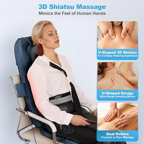 Miniatura 4 de Shiatsu Masajeador de cuello y espalda con calor, amasado 3D y vibración, cojín de masaje de espalda completa para aliviar la rigidez muscular,
