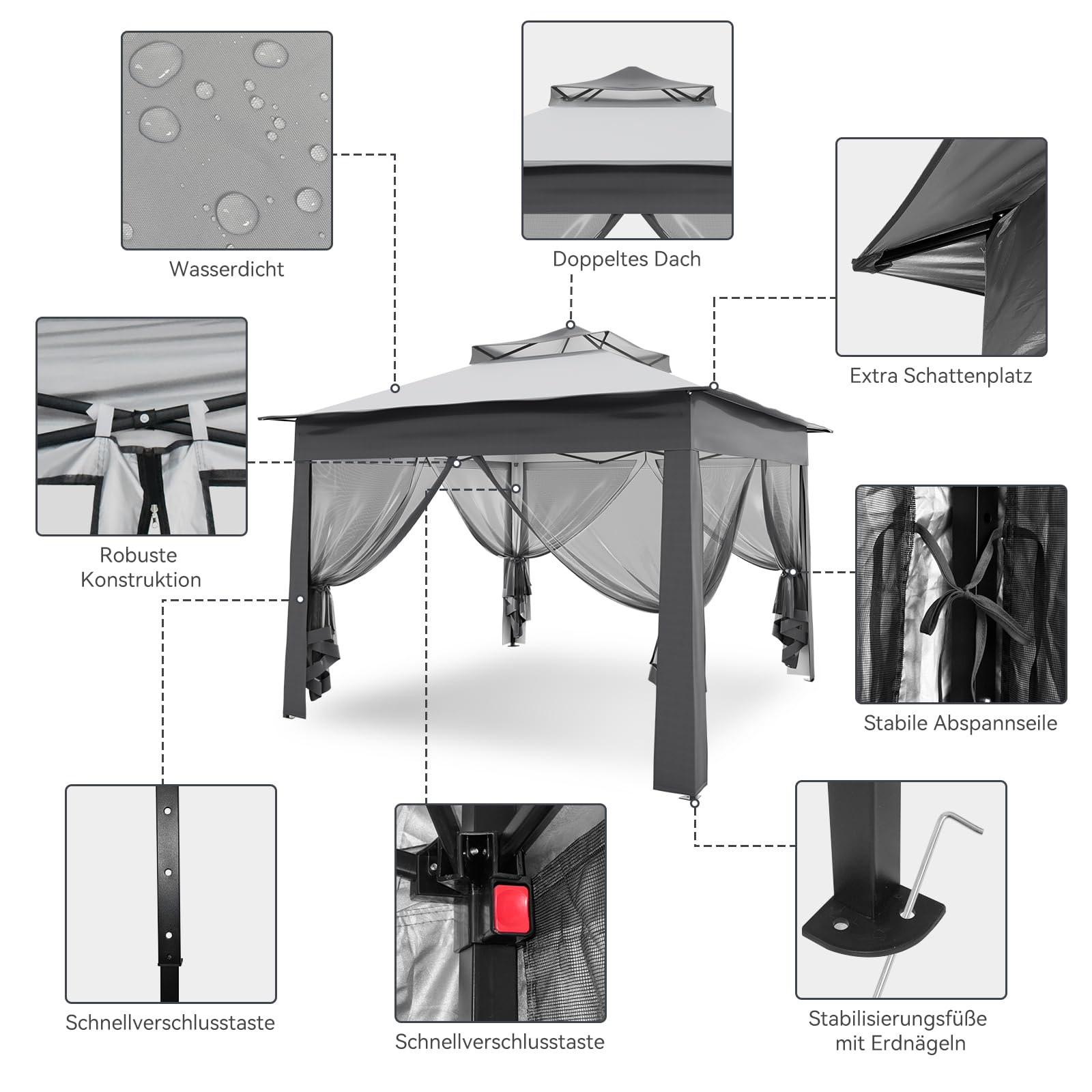 ARTETHYS Pavillon Faltpavillon 3x3 Wasserdicht Stabil Winterfest, Pop Up Pavillon mit 4 Moskitonetz, Höhenverstellbar Faltbar Gartenzelt, Doppeldach Gartenpavillon UV-Schutz 50+, Festzelt mit Tasche