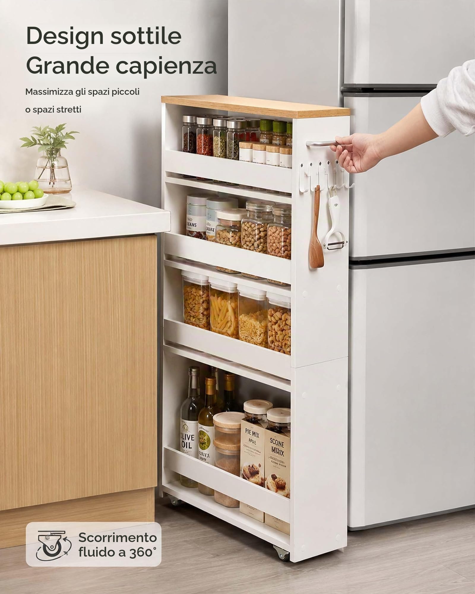 Carrello Portatutto Stretto Bianco da Cucina 5 Ripiani 40×22×108cm | Quattro ruote, due con freno, facilitano lo spostamento; la maniglia laterale e i ganci offrono spazio aggiuntivo.