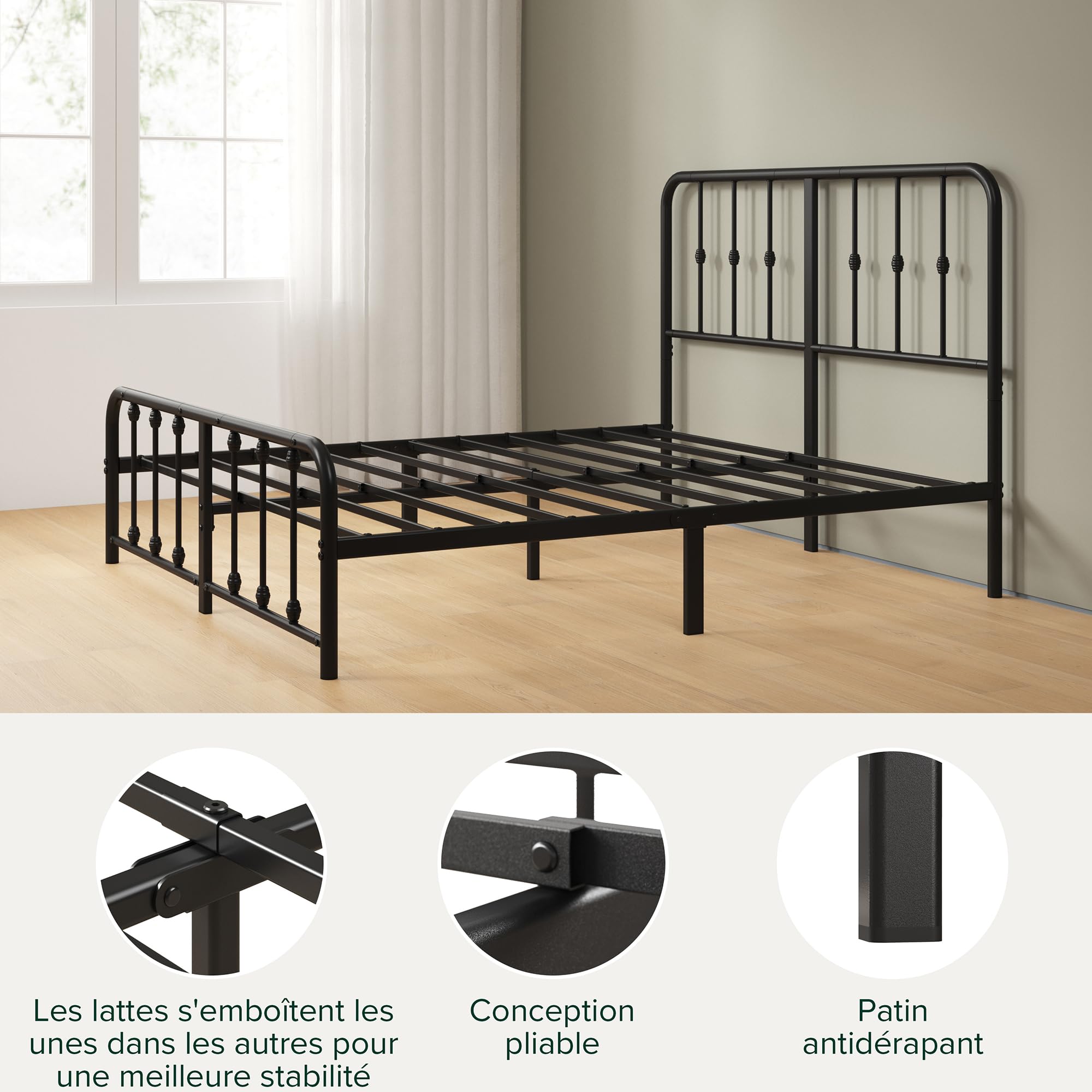 Zinus Florence Sommier 140x190 cm avec Lattes en Métal - Cadre & Tête de Lit 2 Personnes en Métal Robuste - Hauteur 35 cm pour Rangement - Montage Facile - Noir