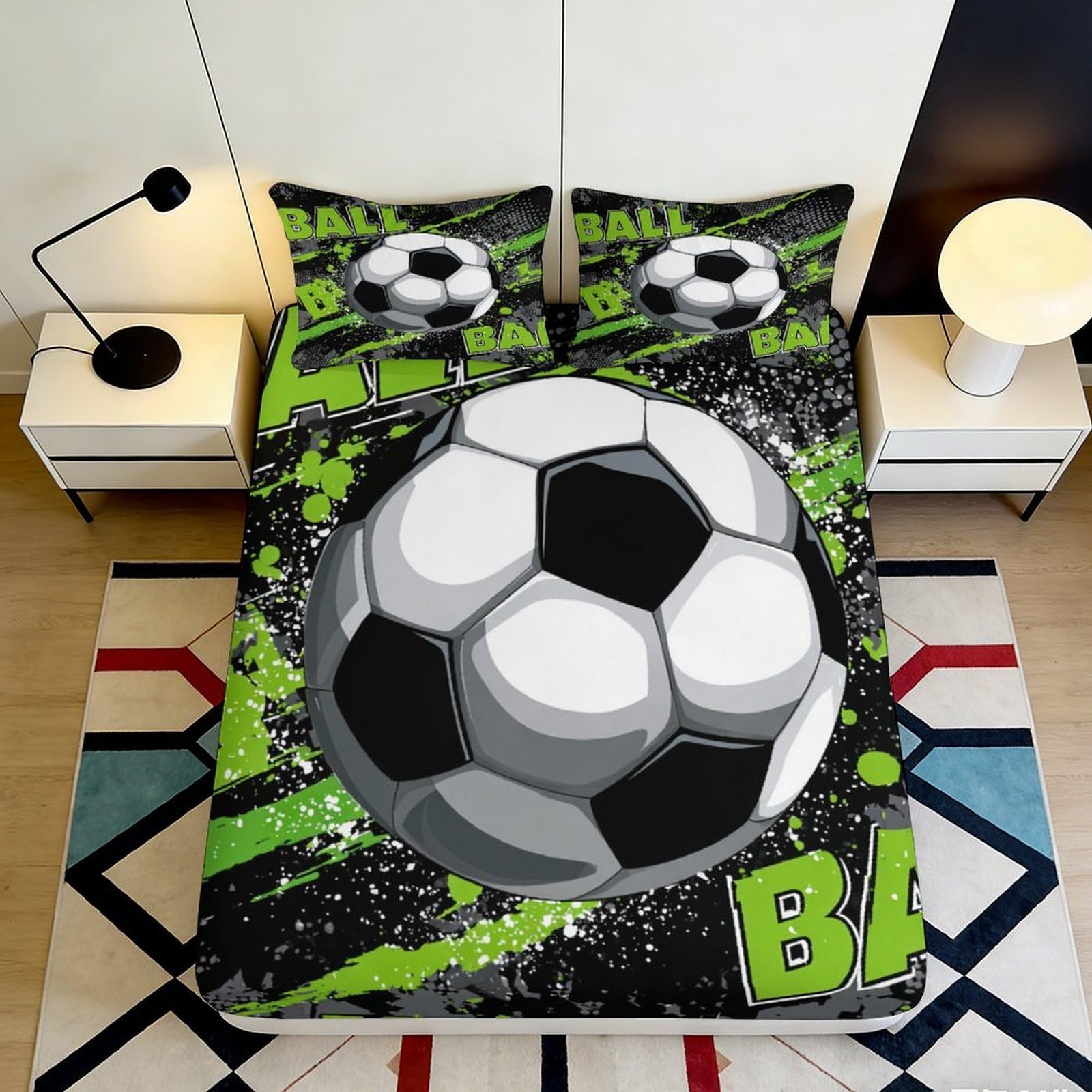 3D Printed Soccer Graffiti Fitted Sheet Microfiber Black Green Football Splash Bed Cover for Bedroom Dorm Mattress Protection 90x200x25cm