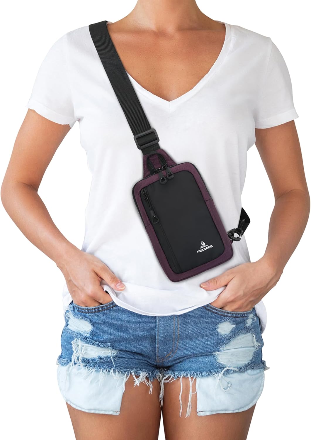 Peicees Small Crossbody Sling Bag Chest Bag Dual Pocket Water Resistant Fanny Pack Running Phone Holder for Men Women Workout Travelling, Purple