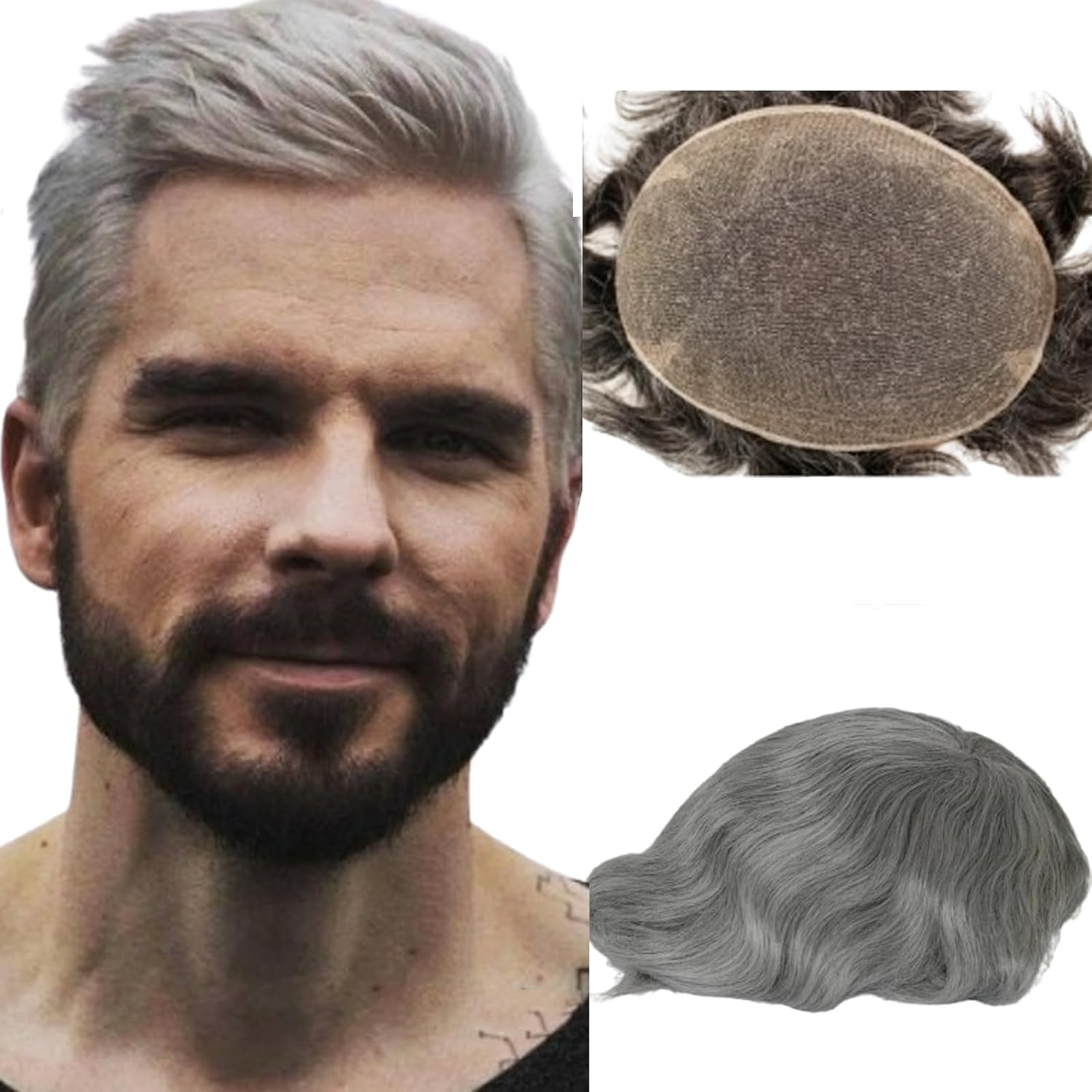 Swiss Full Lace Men's Toupee 100% European Virgin Human Hair 6" Straight Hair 120-130% Medium Density (1B Mixed 60% Grey Hair)