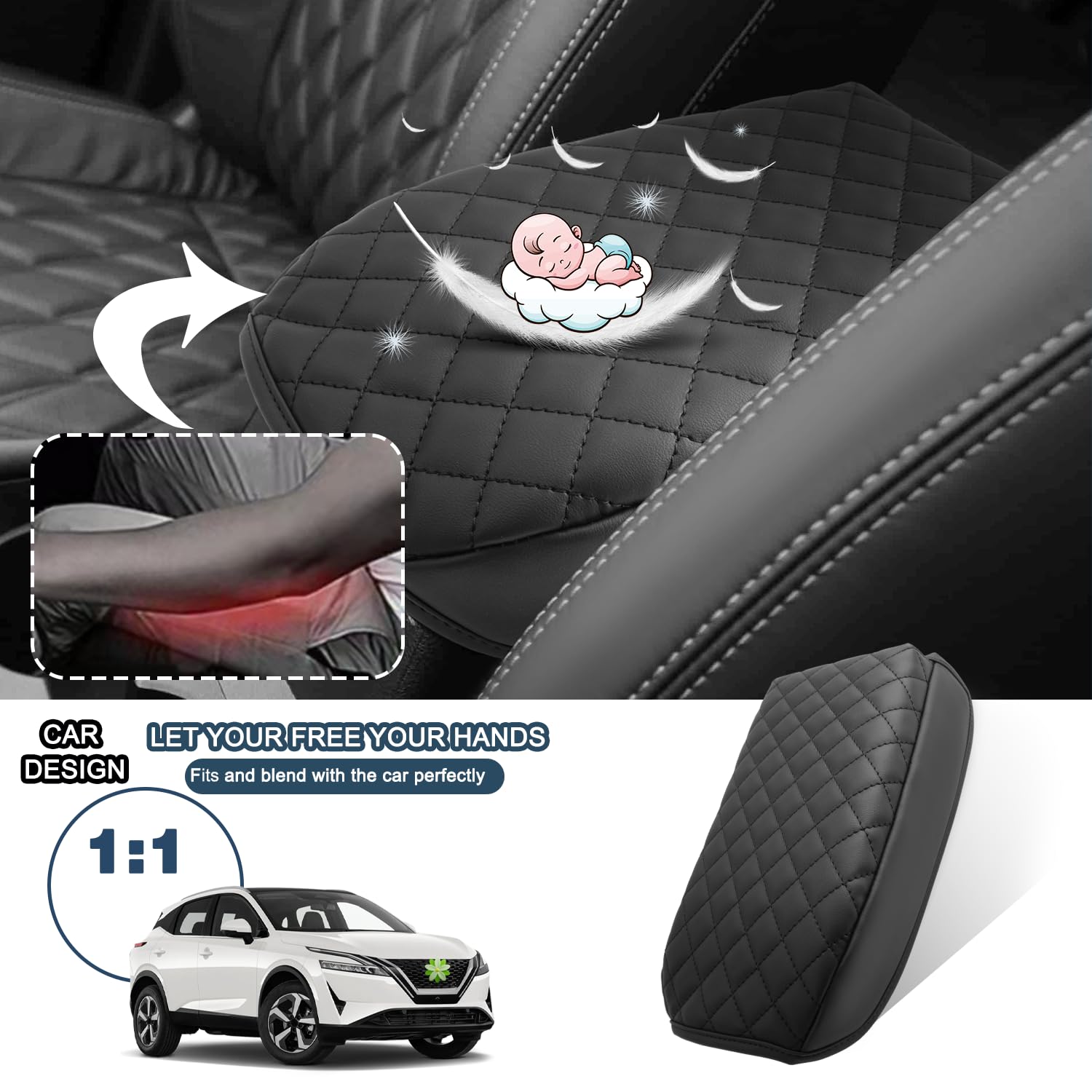 CDEFG Housse D'Accoudoir Compatible Nissan Qashqai J12 2021-2025 – Cuir PU Épais, Protection Anti-Rayures & Anti-Sueur, Installation Facile (Éponge Renforcée)