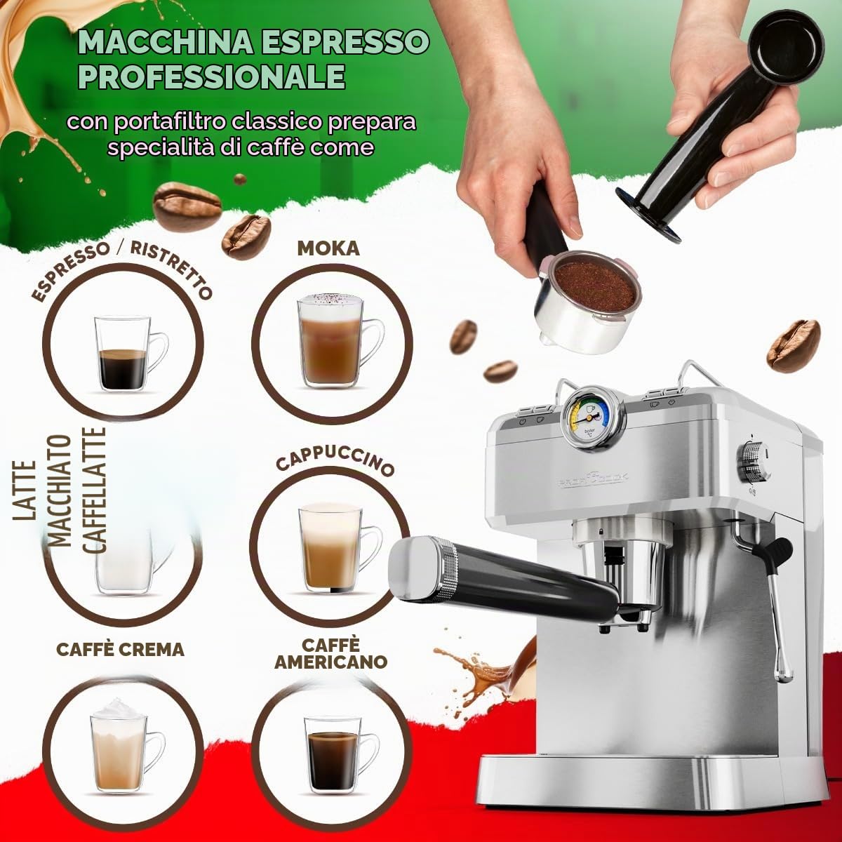 Profi Cook Macchina per espresso ProfiCook® | portafiltro | pompa per espresso professionale italiana | 20 bar | per caffè in polvere e capsule compatibili Nespresso | macchina per caffè | PC ES 1267
