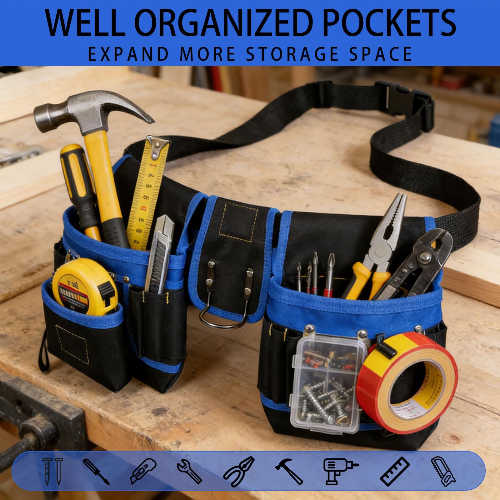 Ceinture à outils pour homme avec 26 poches, sac à outils magnétique amovible, ceinture réglable avec porte-marteau pour électriciens, menuisiers et ouvriers du bâtiment