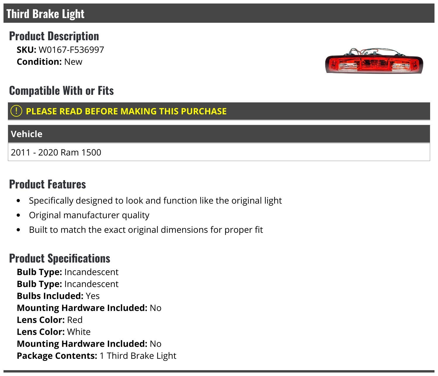 Marketplace Auto Parts 3rd Third Brake Light Lens with Bulbs - Compatible with 2011-2020 Ram 1500
