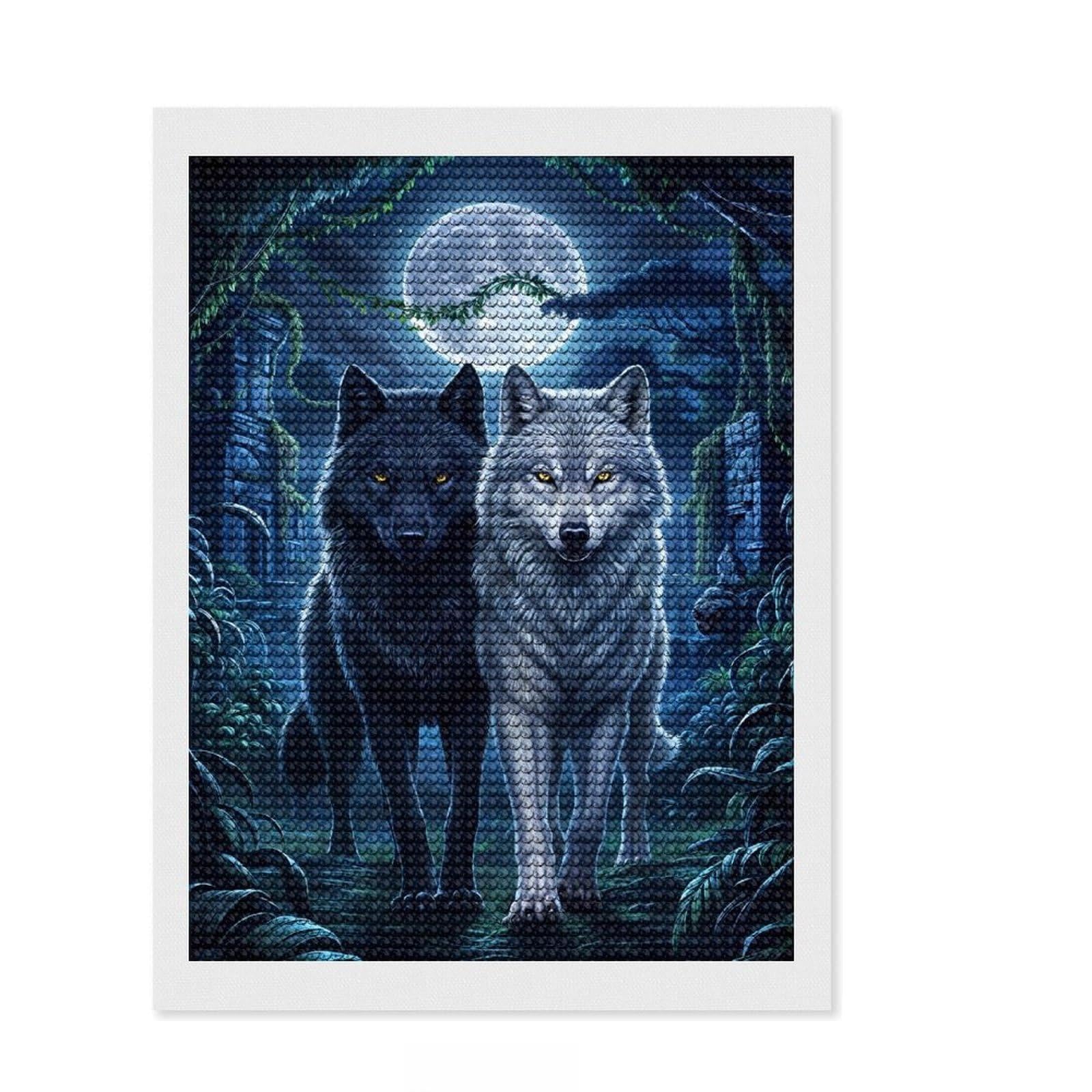 Junmoney Two Wolf in Jungle 5D Diamond Painting Kit 12"x16", Round Gems, Aesthetic Room Decor, Seasonal Gift Choice, Gift Idea, Leisure Activity