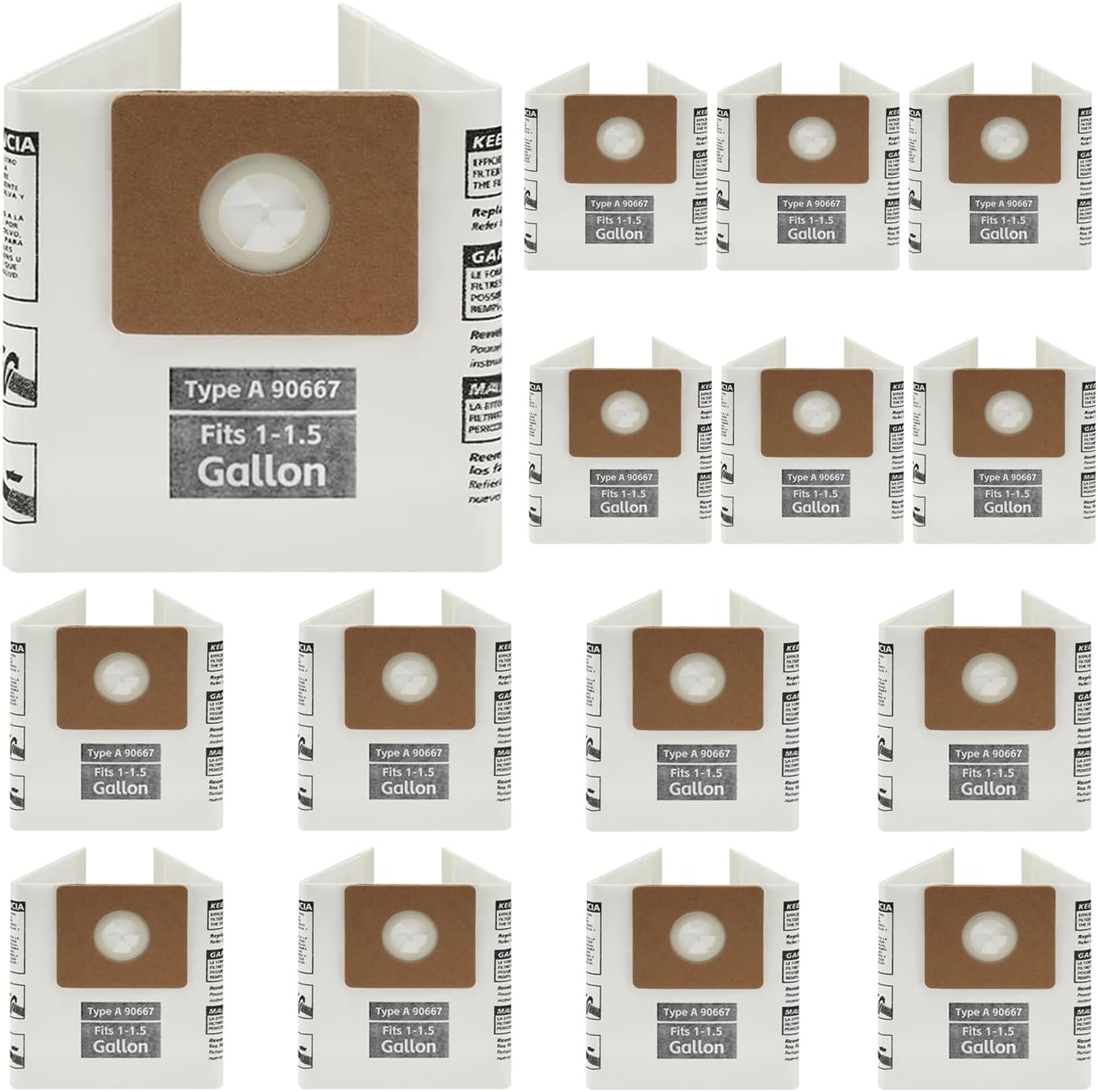 15 Pack 90667 Micro Shop Vac Bags Type A Replacement Filter Bags, compatible with Shop-Vac 1-1.5 Gallon Wet/Dry Vacuums, AllAround Vac Model# QAS60, part# 9066700 9066733