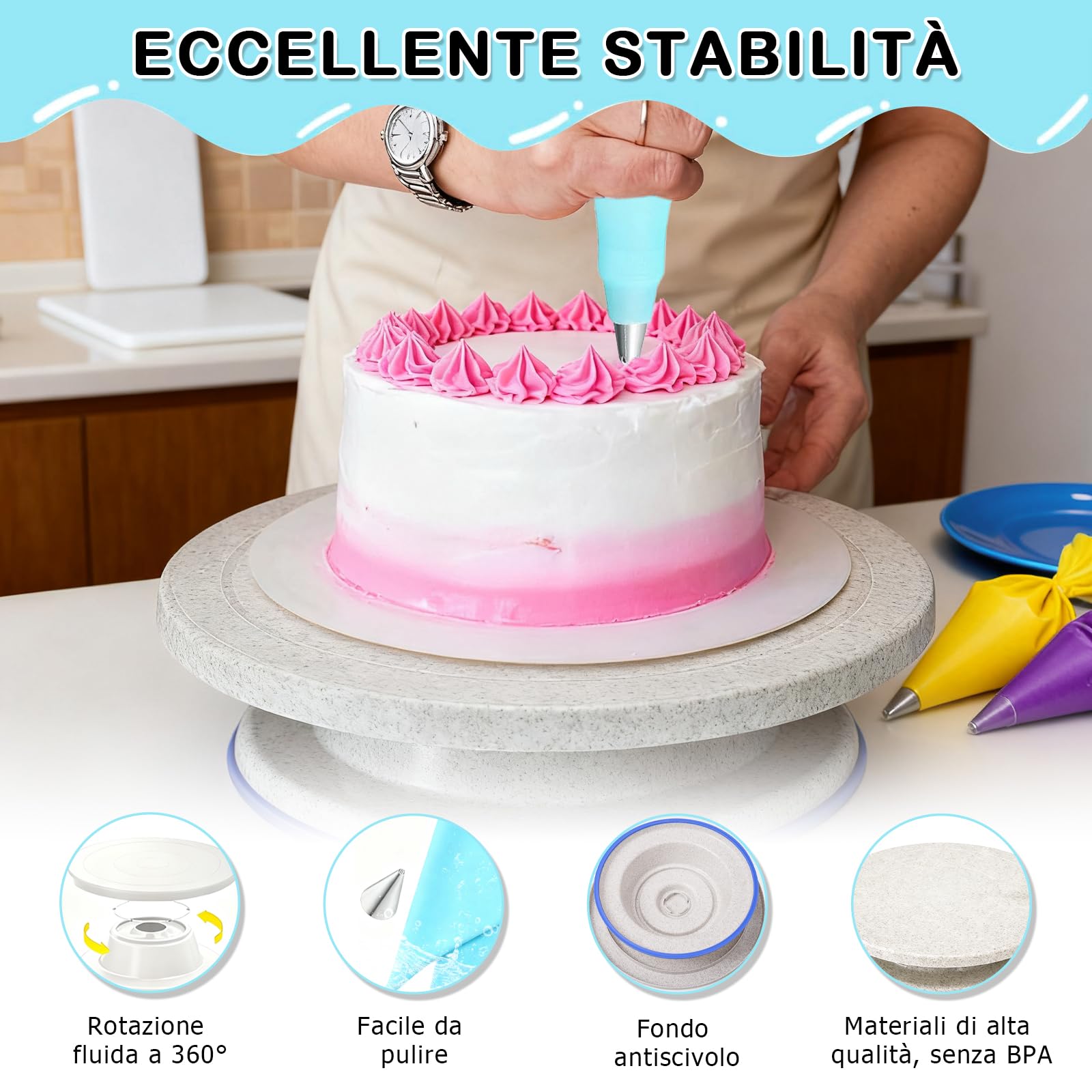Kit per Decorare Torte, Piatto Girevole per Torte, Supporto Girevole per Torte con Palette Angolari, Raschietto, Pasticceria, 24x Punte, Pasticceria Accessori