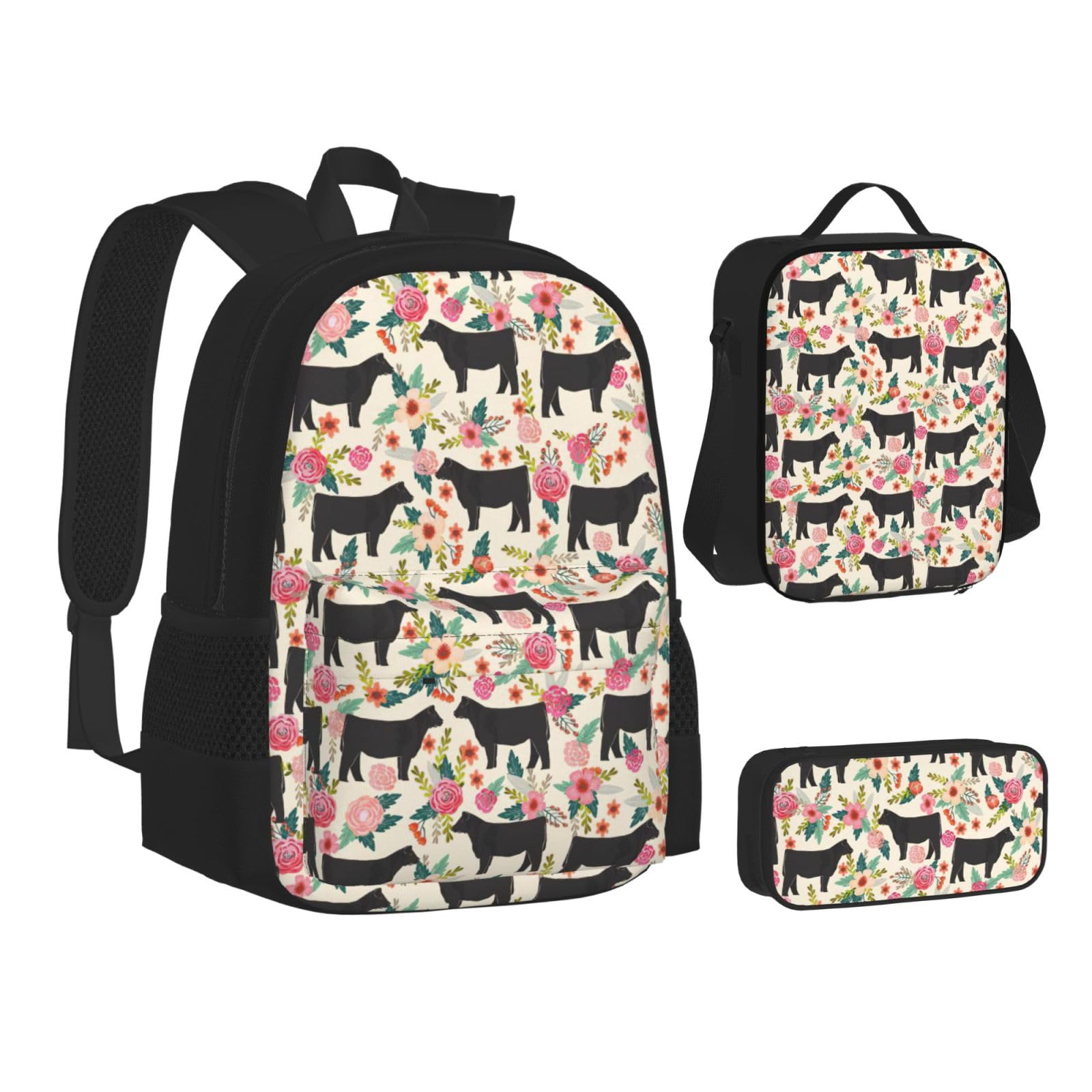 LONGZEHAO 3Pcs Versatile Adjustable Large Capacity Pink Flower Show Steer Cows Cattle Print Backpack Lunch Box and Pencil Case