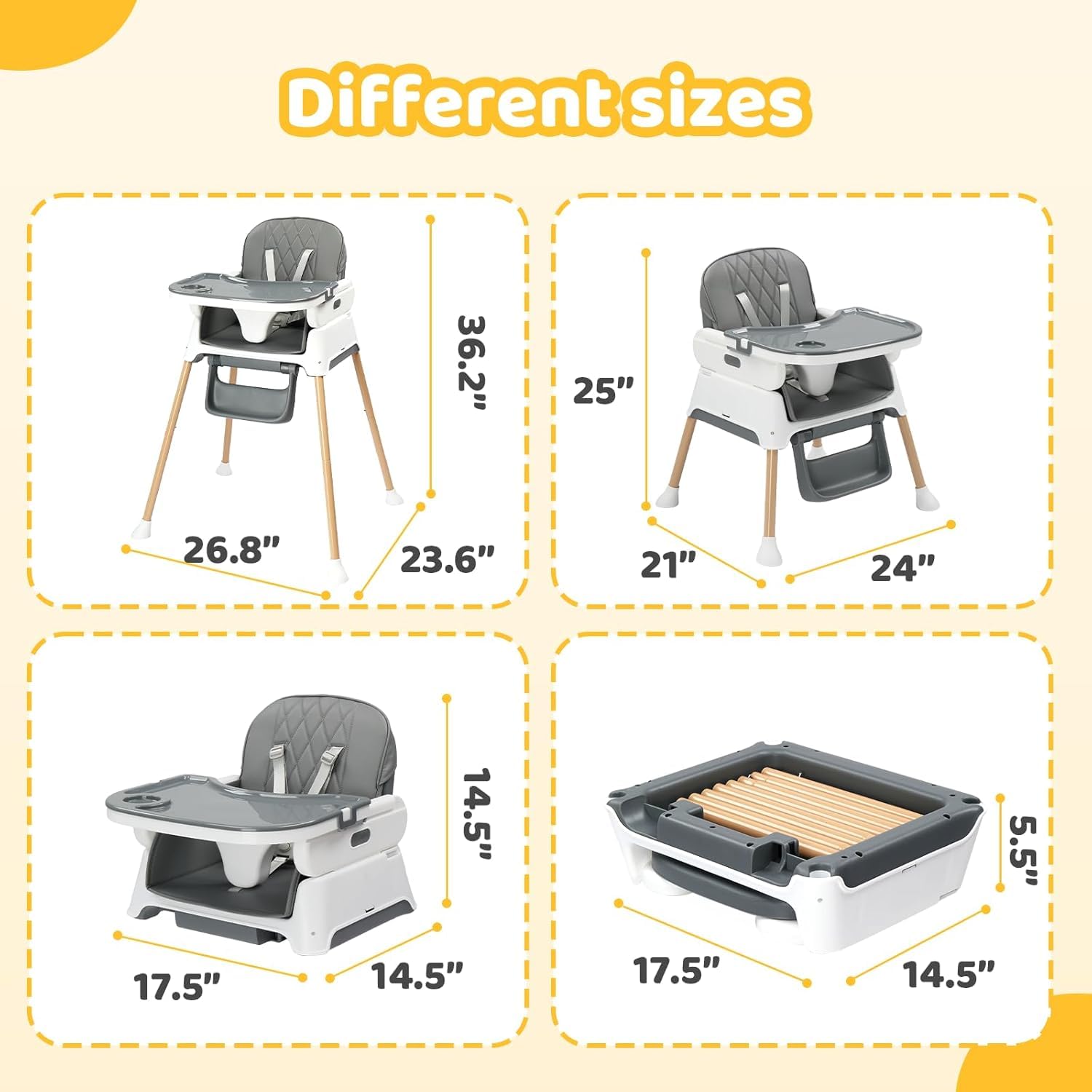 BONNLO Chaise Haute Bébé Évolutive, 6 Mois - 3 Ans (max. 15 kg), Chaise Haute Légère (5 kg), Siege Pliante, Siege d'Appoint，Chaise à Manger pour Bebe (Gris)