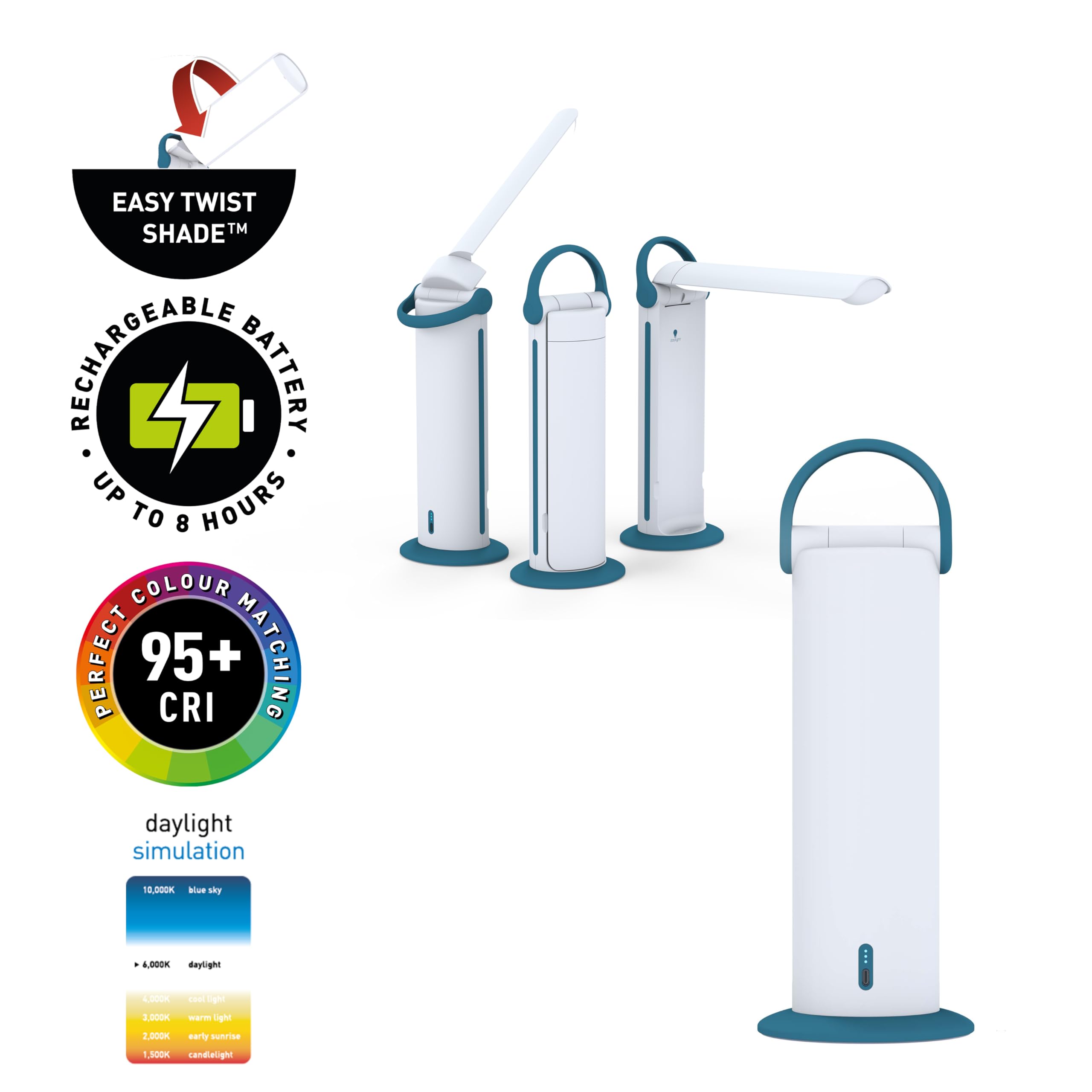 Daylight Twist 2 Go™ Tragbare Aufladbare Lampe – LED Buchlicht, 6000K, 3 Helligkeitsstufen, Bis zu 8 Std. Akkulaufzeit, Kabelloses Leselicht für Basteln, Arbeit & Alltag, Petrol/Weiß