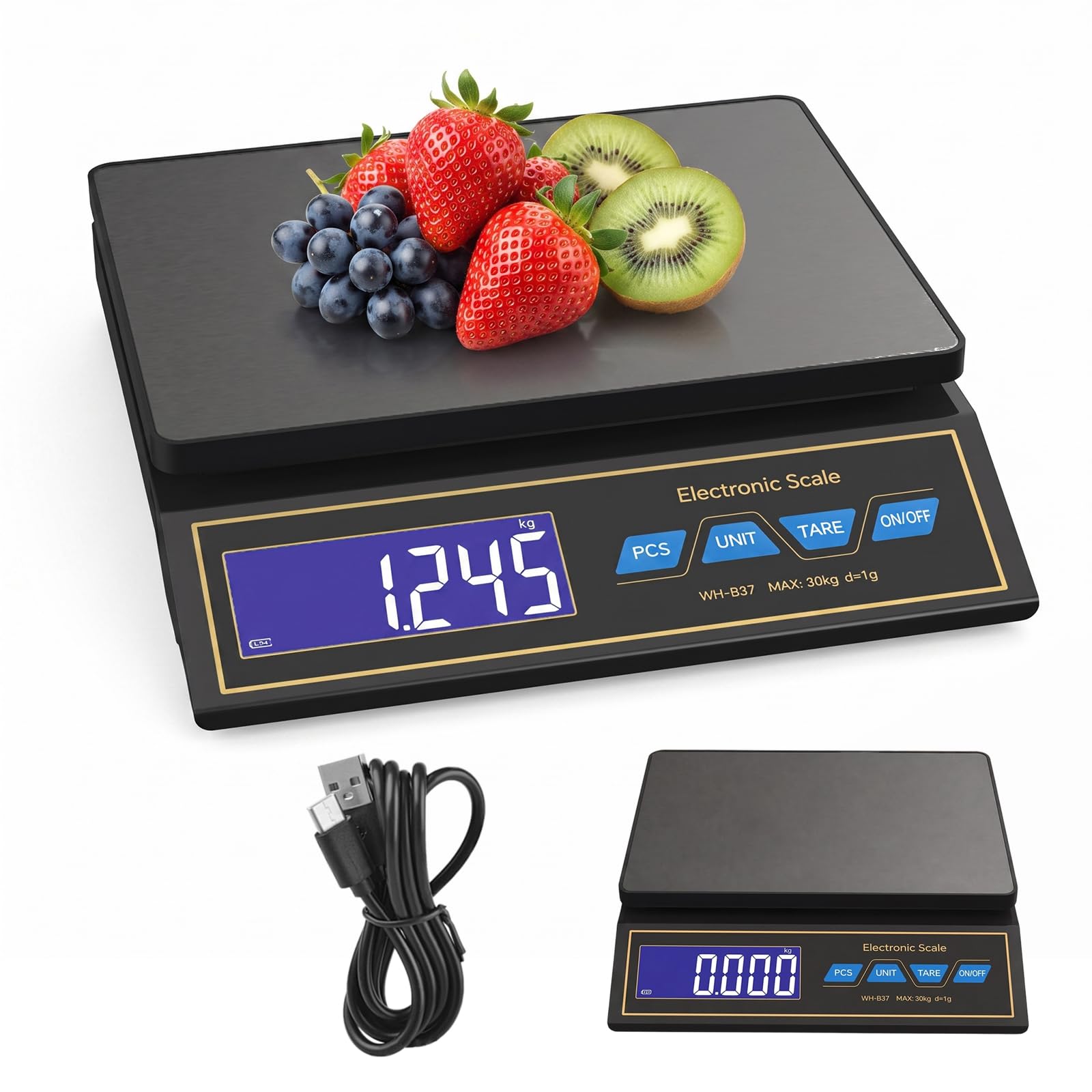 RANJIMA Bilancia da cucina, 30 kg / 66lbs, bilancia digitale in acciaio inox, bilancia per pacchi, bilancia di precisione da 1 g, per la misurazione di carne, salsicce, caffè con LCD, funzione di
