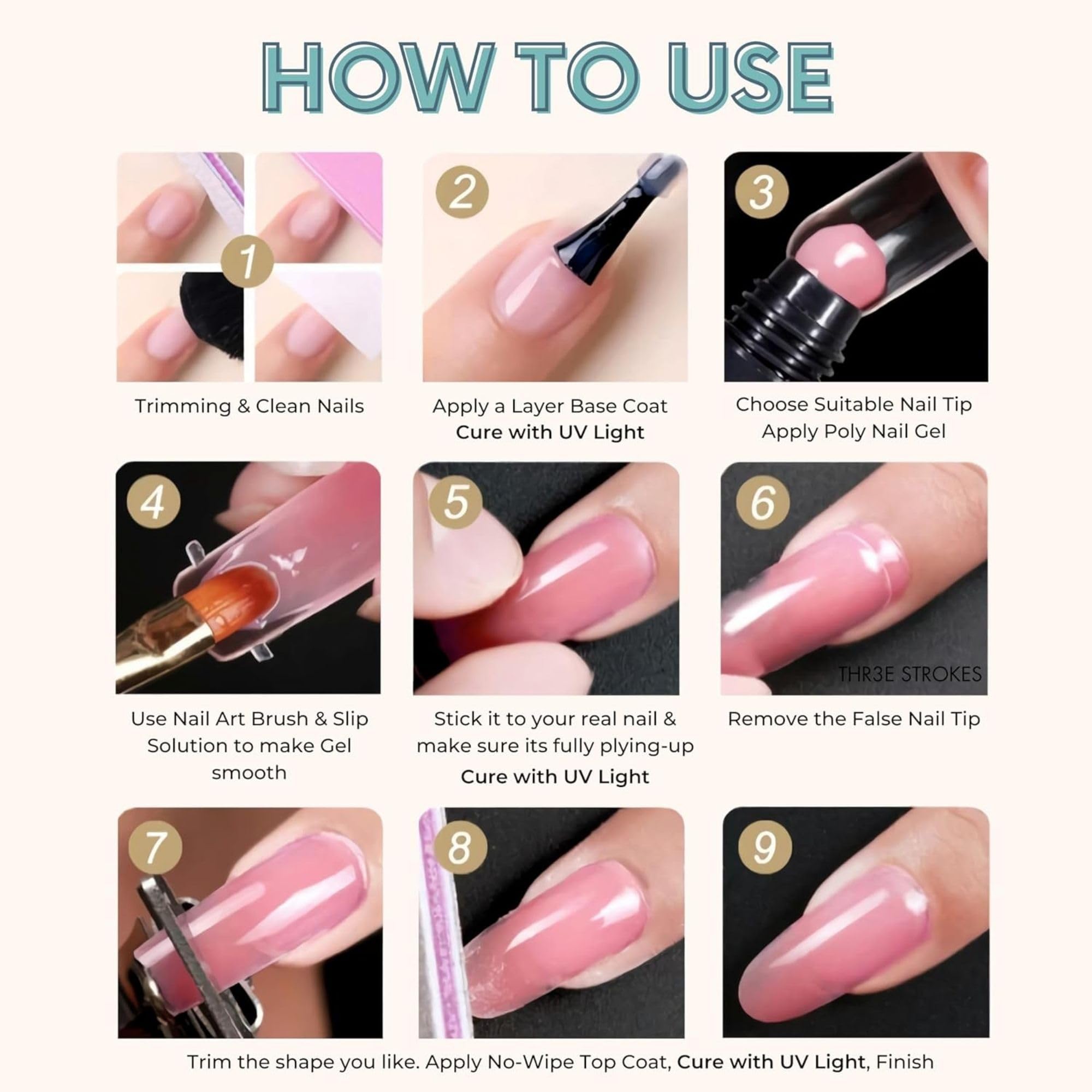 THR3E STROKES Poly Extension Gel Nail Kit, Clear Nude Pink Builder Nail Gel Kit With Slip Solution Dual Nail forms, Nail Clips for Poly Gel, Nail Starter Kit, Home Manicure Set (EMERALD KIT) 3