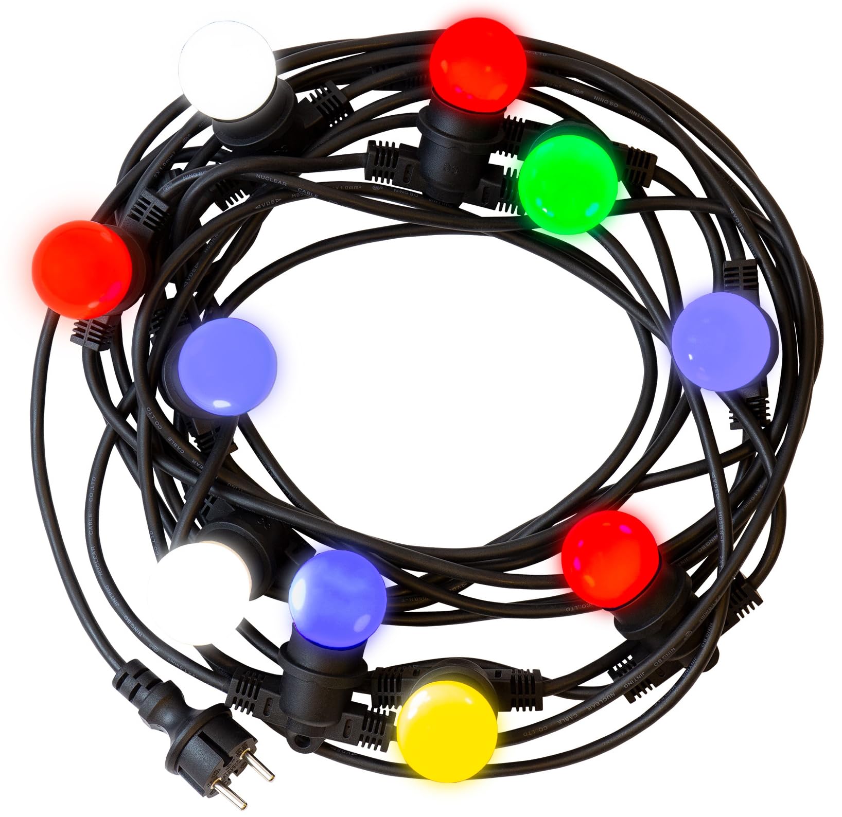 JungesLicht 5m LED Lichterkette mit 10x E27 bunten 1W LEDs IP44, Garten Lichterkette Außen Innen, schwarz, mit Stecker, 10x MIX Farben rot weiß grün blau gelb, für Terrasse Party Deko Biergarten