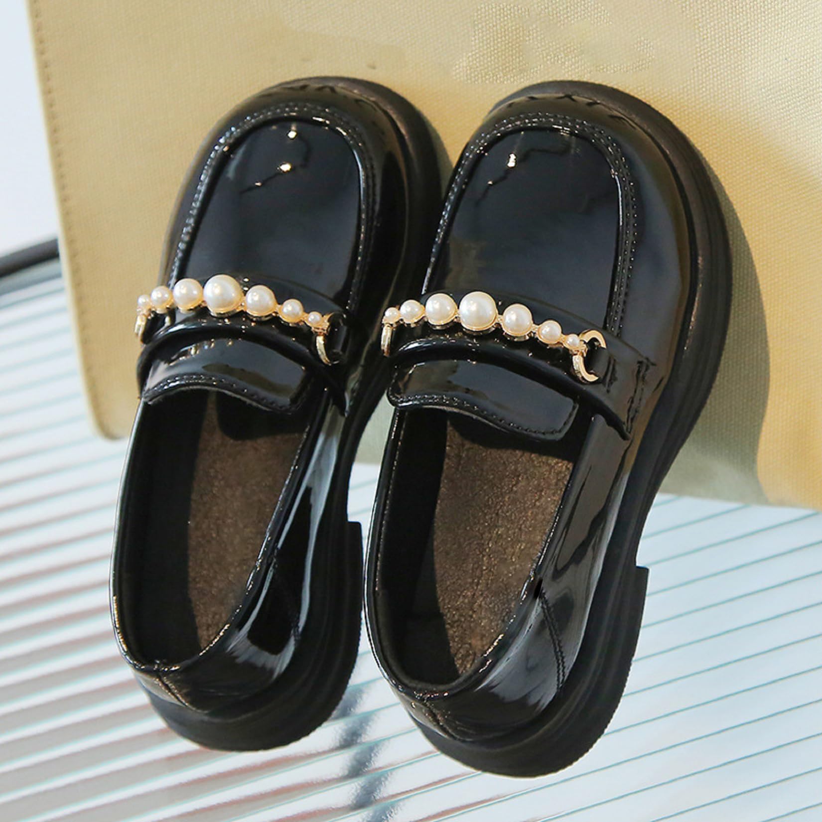 Zapatos Mocasín Elegantes de Niña con Perlas Charol sin Cordones Tallas 22-36
