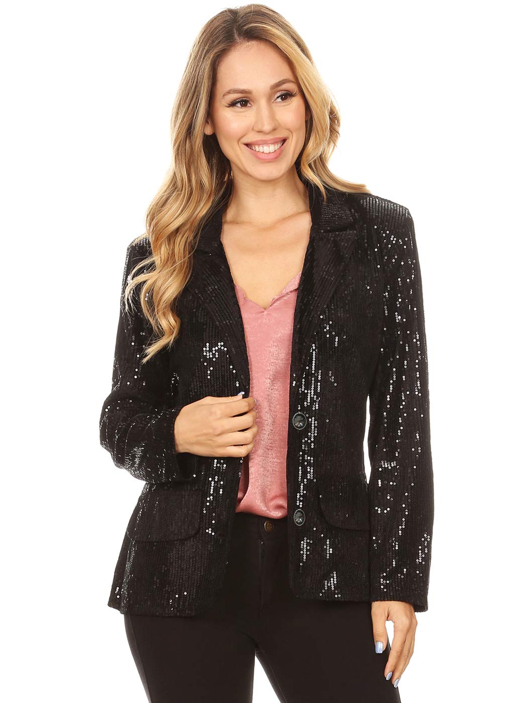 Anna-KaciWomen's Evening Sparkle Sequins Open Front Long Sleeve Blazer Jacket