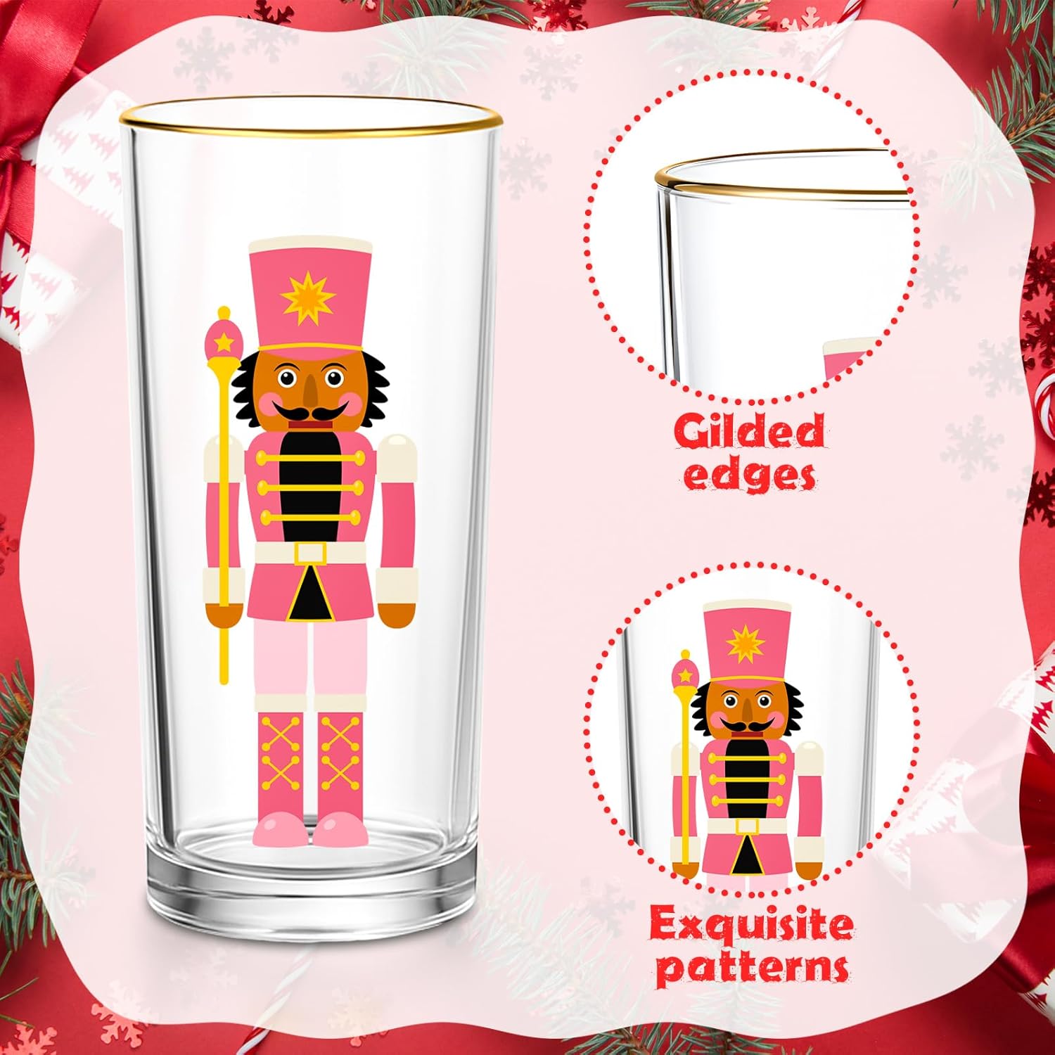 4 Pcs Christmas Highball Glasses 15oz Nutcracker Gold-Rimmed Whimsical Holiday Glasses Christmas Dinnerware for Beverage Sparkling Wine and Champagne for Holiday Hosting Celebrations - Image 4