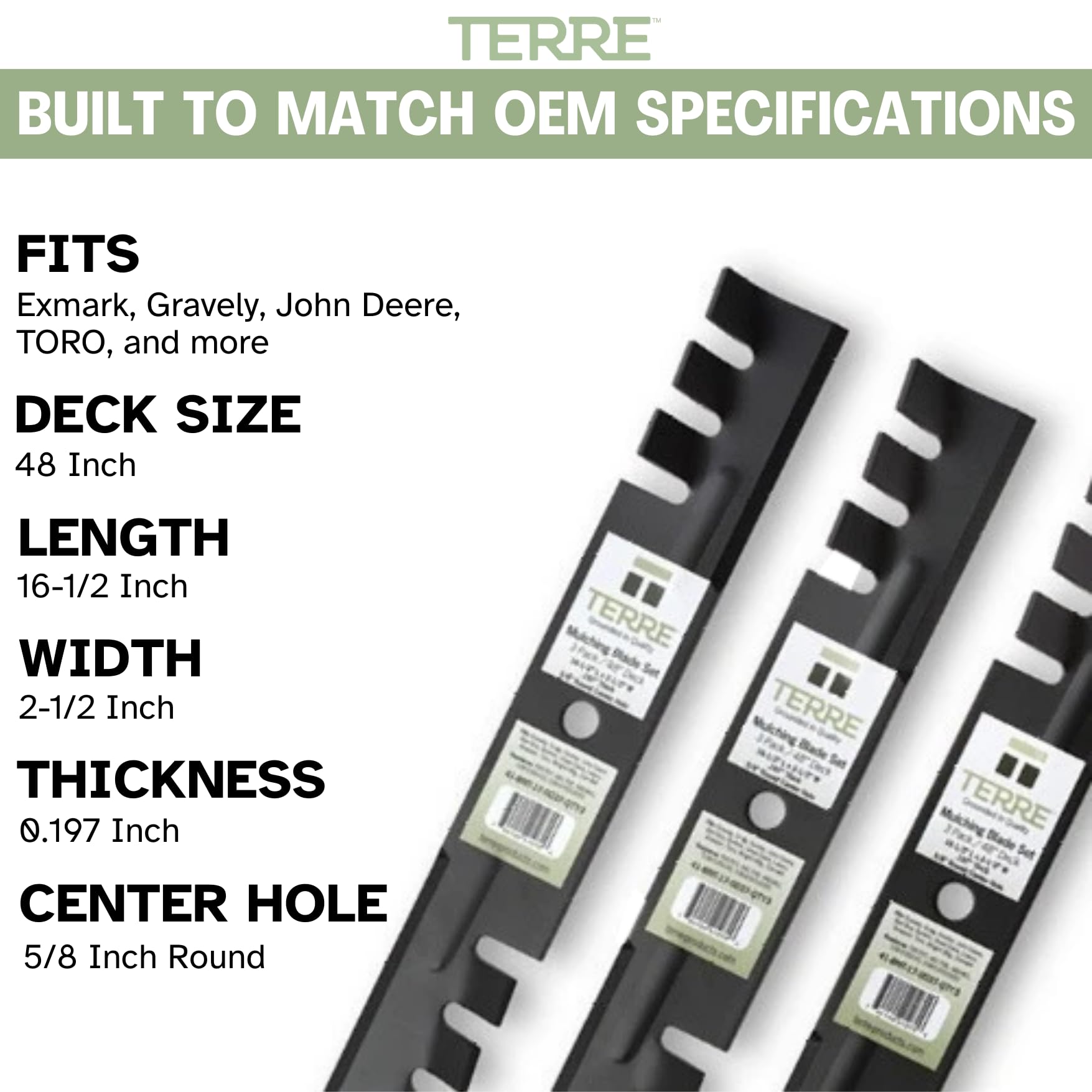 Terre Products - Paquete de 3 Cuchillas para cortacésped, Cubierta de 48 Pulgadas, Compatible con Gravely, Scag, Hustler, John Deere, Repuesto para 795757, 481706, 482461