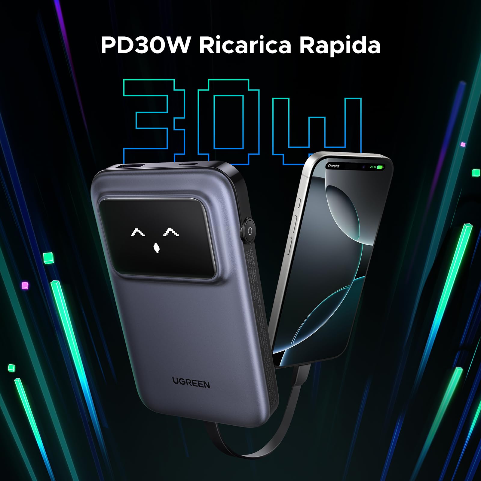 UGREEN Uno Power Bank 10000mAh, Caricatore Portatile PD 30W con Cavo USB C Integrato Compatibile con iPhone 16/15 Plus Pro Max, Galaxy S24 S23, Pixel 9/8/7, ecc