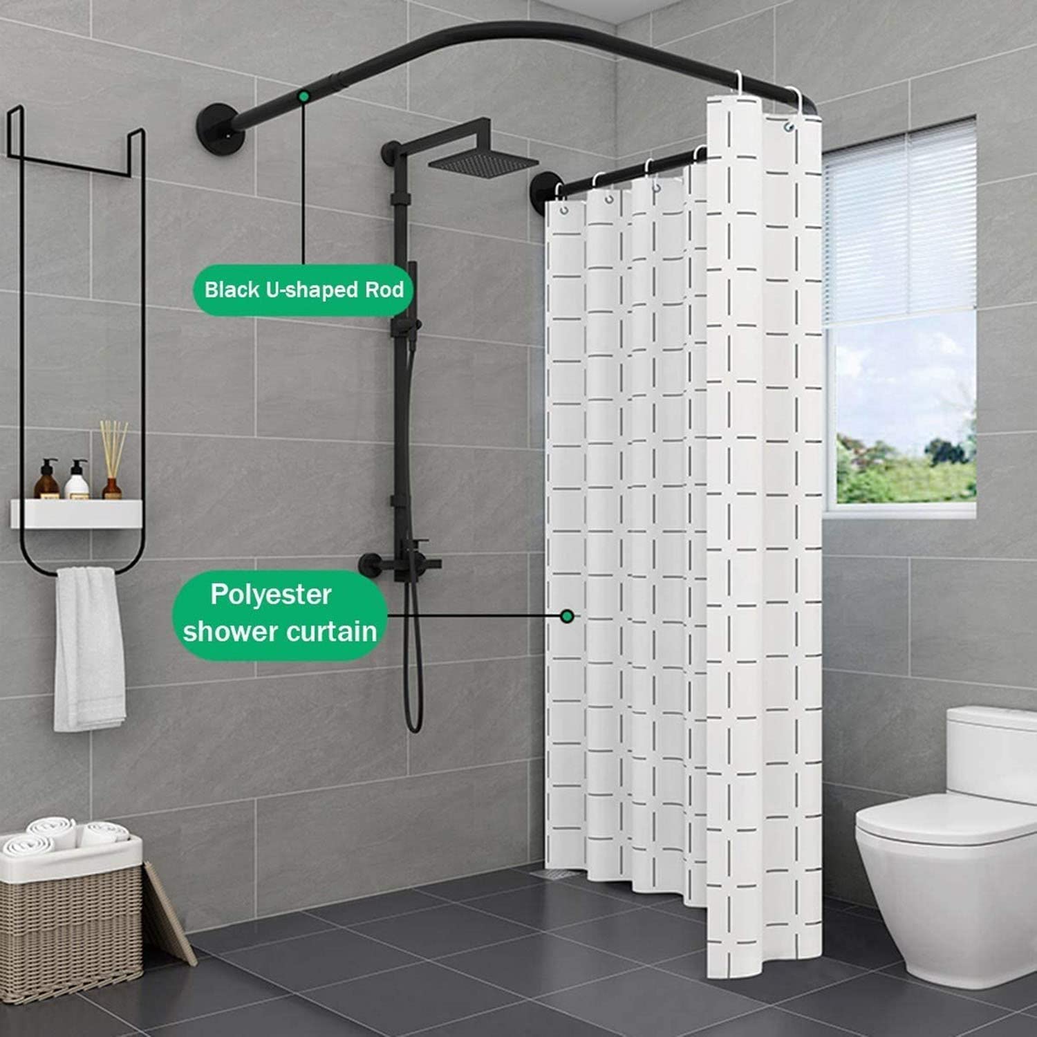 U-vorm druk hoek douchegordijnstang, douchegordijnstang zonder boren uitschuifbaar, roestvrij staal, spanstang voor badkamer, maat: 80 x 80 x 80 x