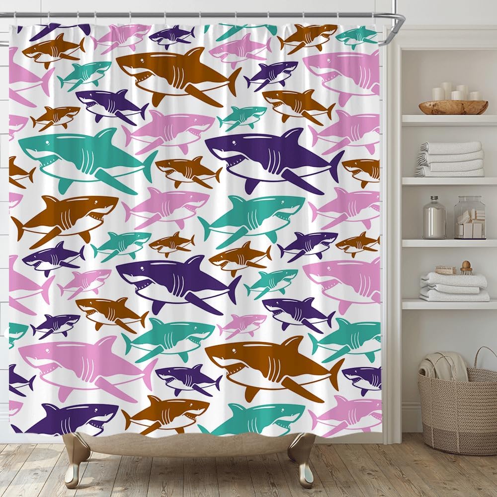 Shark Shower Curtain Ocean Animal Fish Marine Life Underwater Sea Nautical Fabric Bathroom Decor Set with Hooks,(70" Wx84 H)